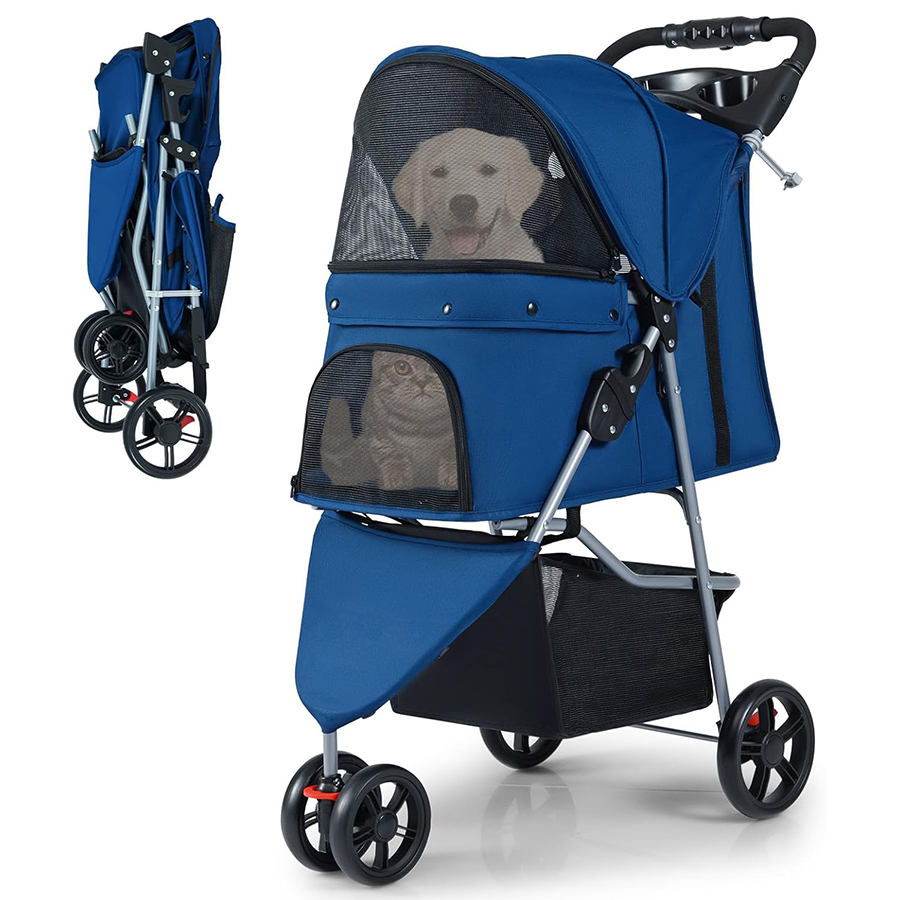 COSTWAY Cochecito Plegable para Mascotas, Carrito para Perros con Capota Ajustable, Almohadilla Lavable Extraíble, Cesta de Almacenaje, Portavasos,
