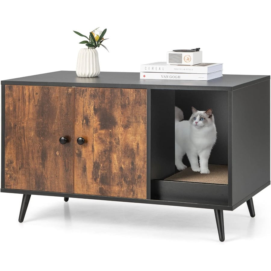 COSTWAY Cajas de Arena para Gatos, Casa de Baño Oculto para Mascota con 2 Puertas, Estante Abierto y Rascador para Gatos, Mesa Auxiliar para Gatos 90