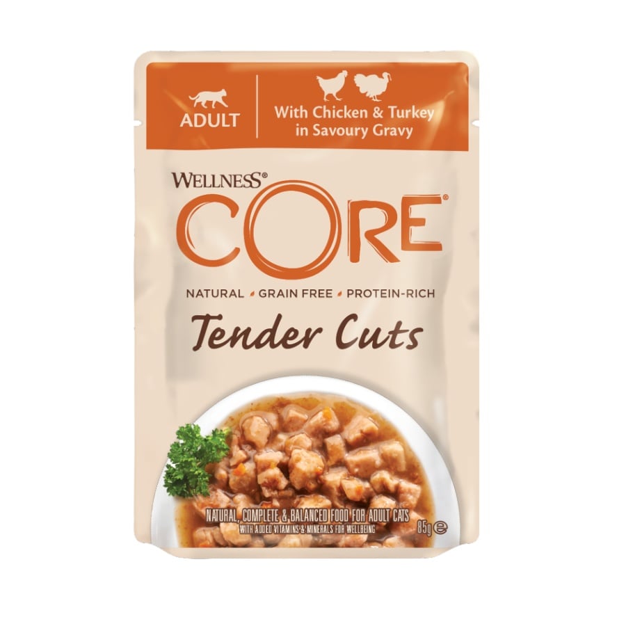 48 sobres x 85 g Wellness Core Tender Cuts pollo y pavo sobre en salsa para gatos ¡Pack Ahorro!
