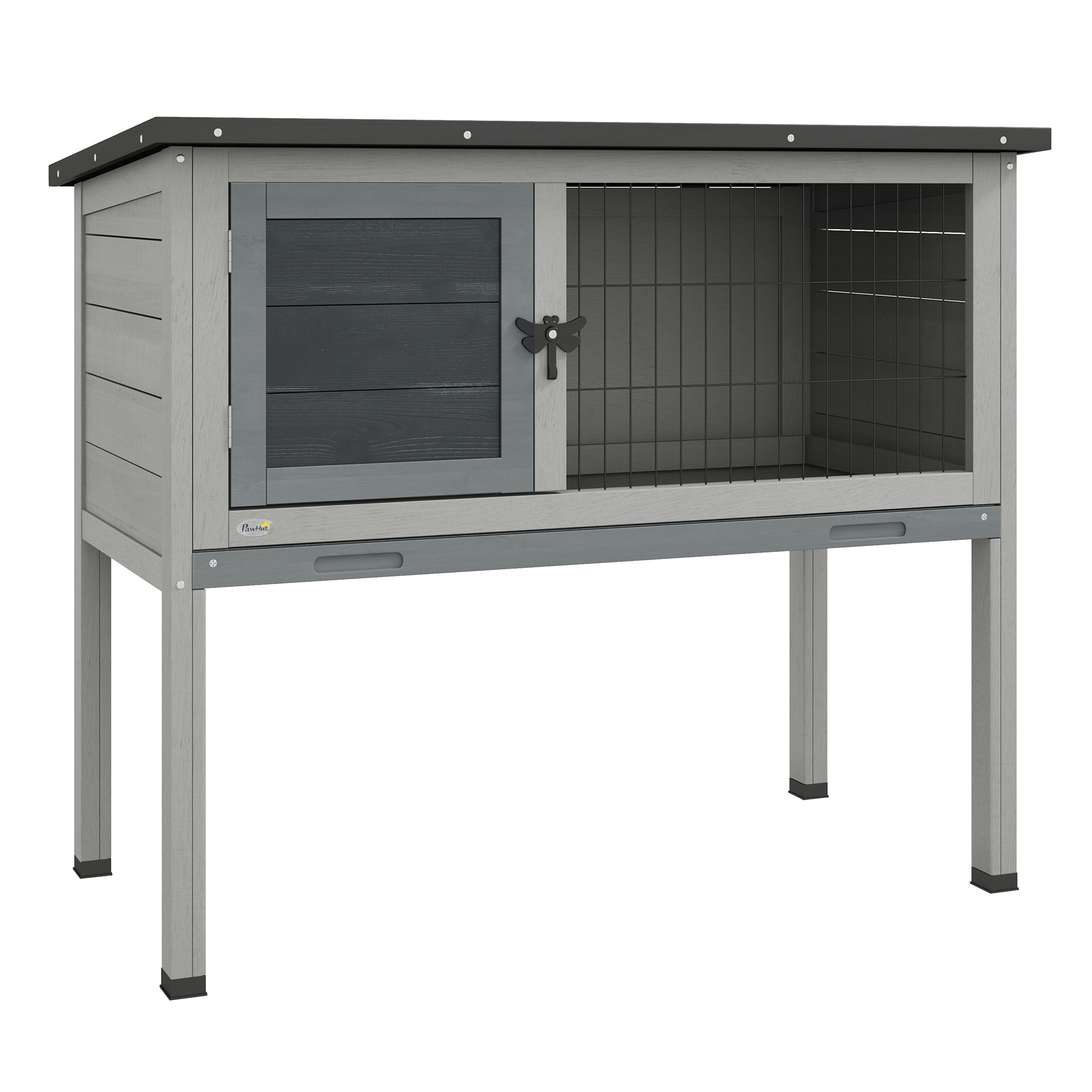 PawHut Conejera de Madera Caseta Exterior Refugio para Mascotas Pequeñas Conejos Cobayas con Bandeja Extraíble y Techo Asfáltico 84x43x70 cm Gris y