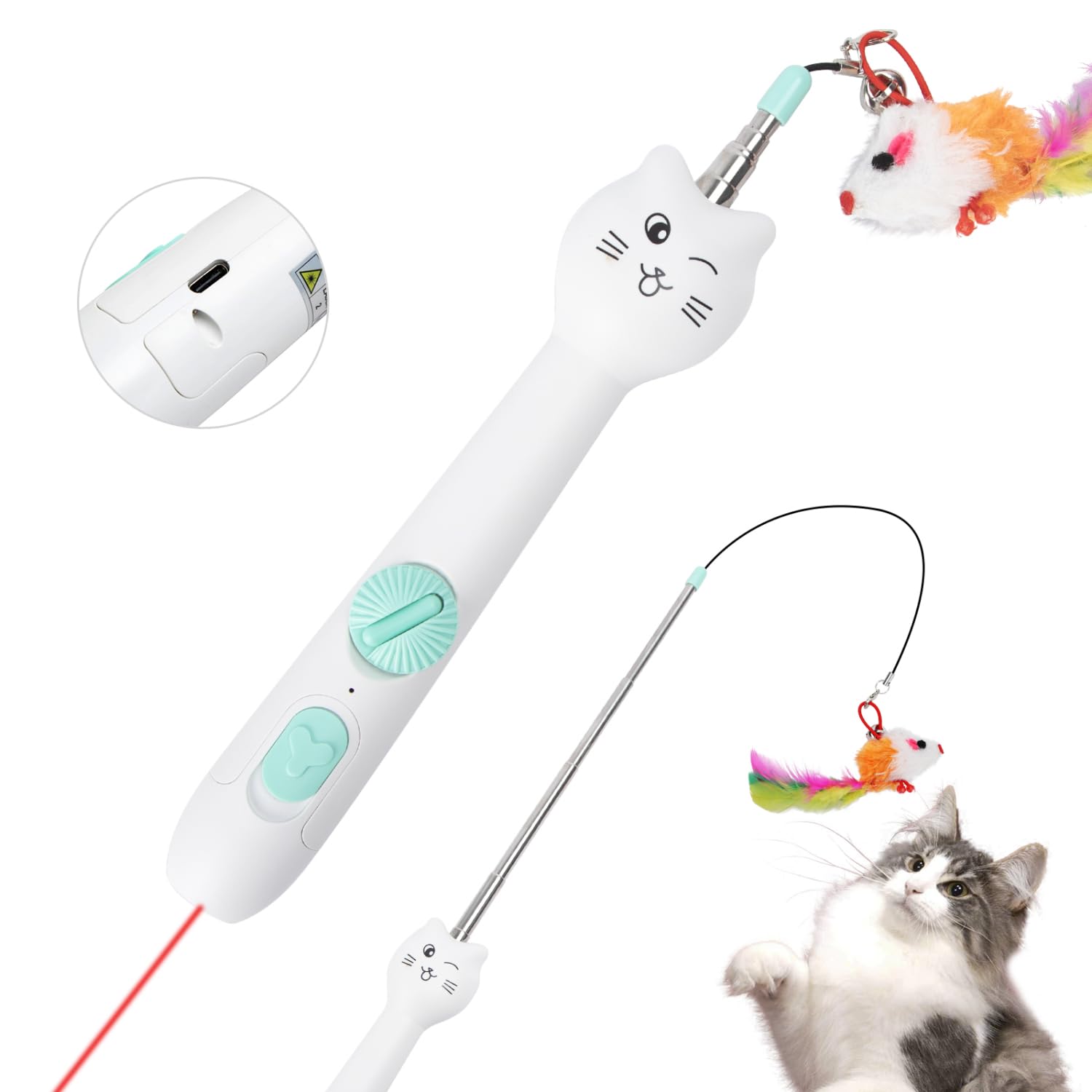 Nobleza - Varita Retráctil para Gatos, 5 Patrones LED, USB Recargable, Plumas Juguete Interactivo para Gatos