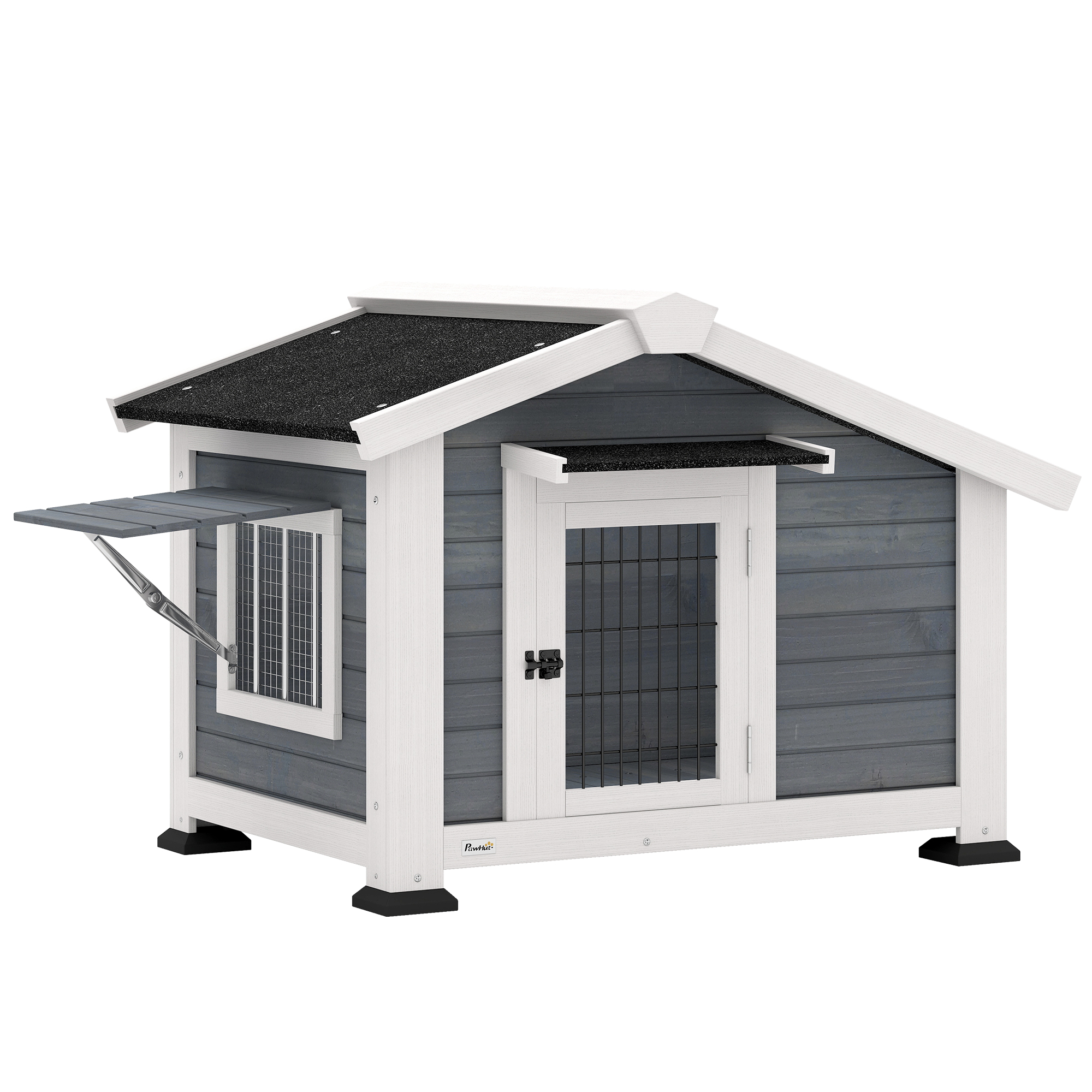 PawHut Caseta para Perros Exterior de Madera, Casa para Perros Medianos con Techo Asfático, Suelo Extraíble, Ventana Abatible y Puerta Ventilada, Base