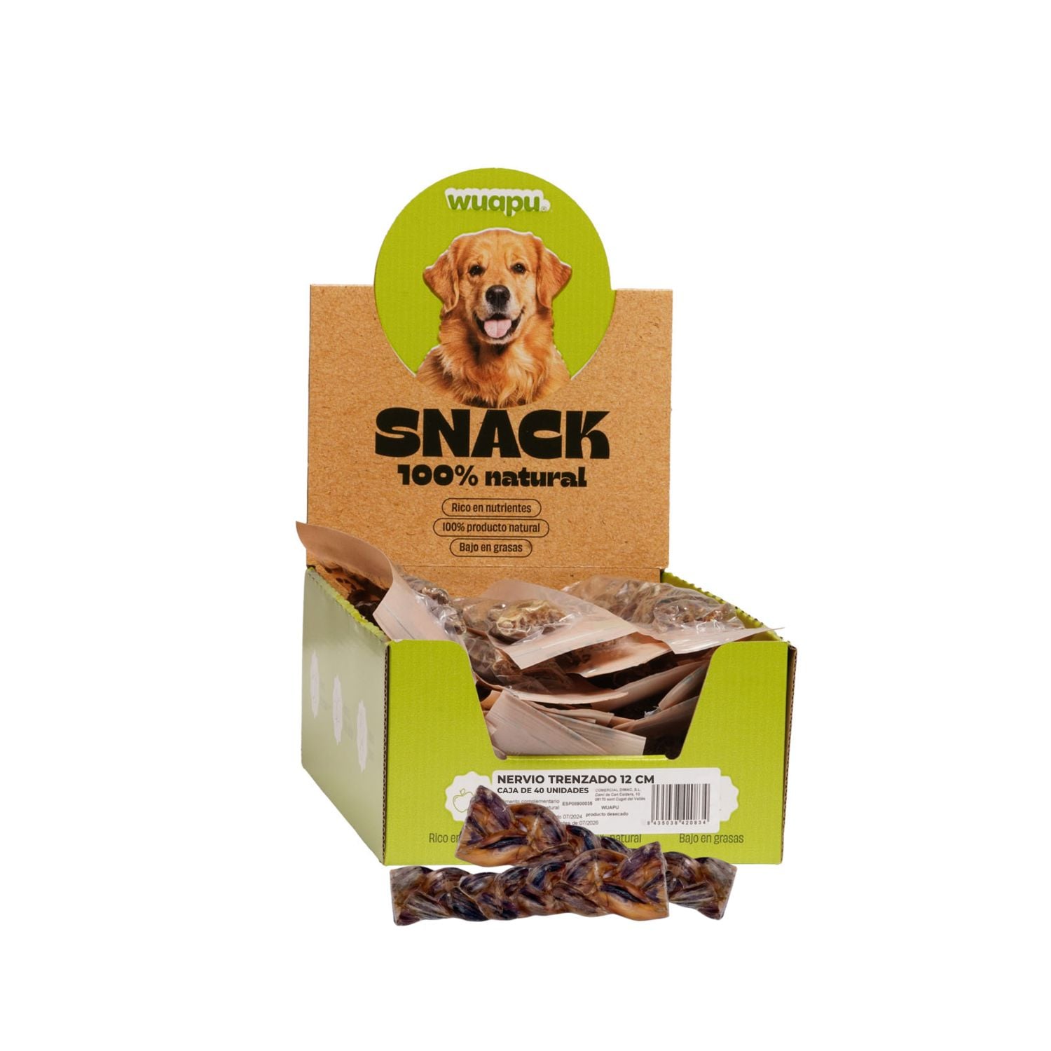 SNACK NATURAL WUAPU NERVIO DE BUEY TRENZADO 12cm x 40 unidades