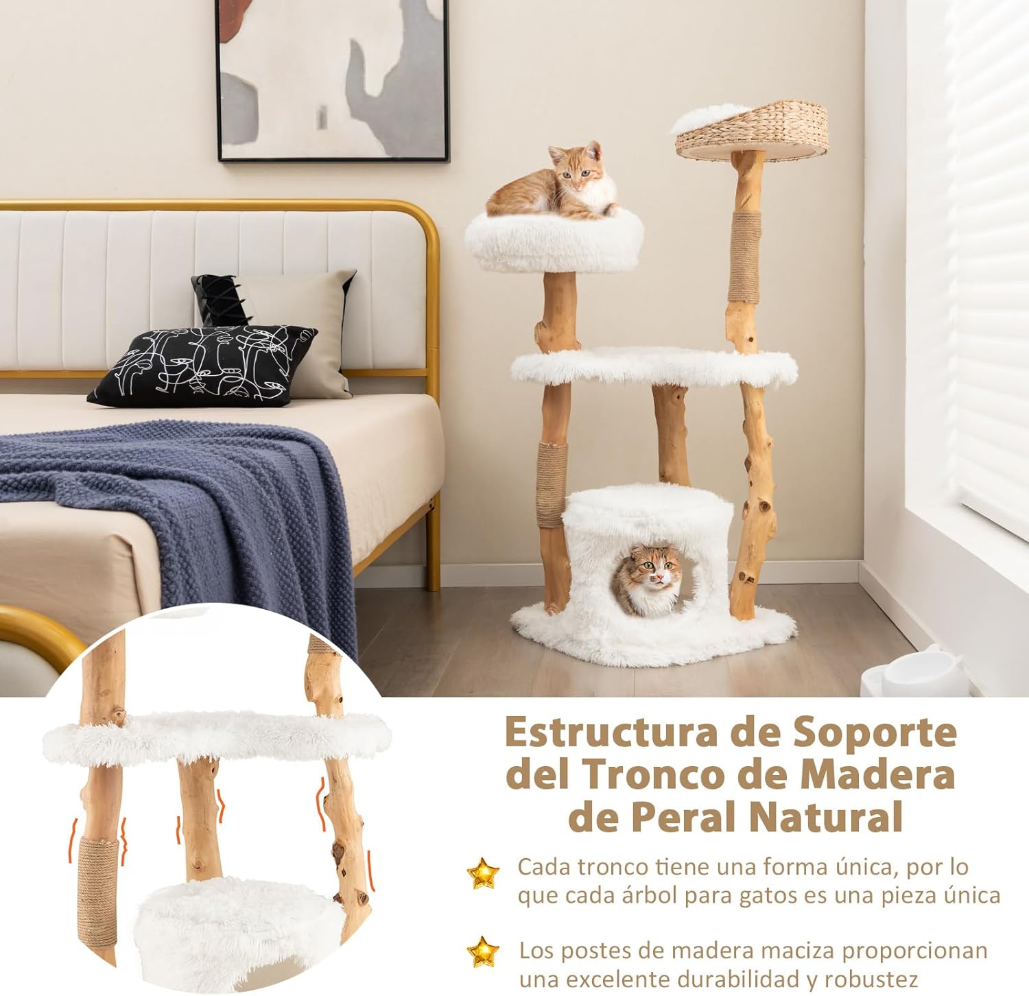 COSTWAY 124cm Árbol de Madera Maciza para Gatos, Torre para Gatos