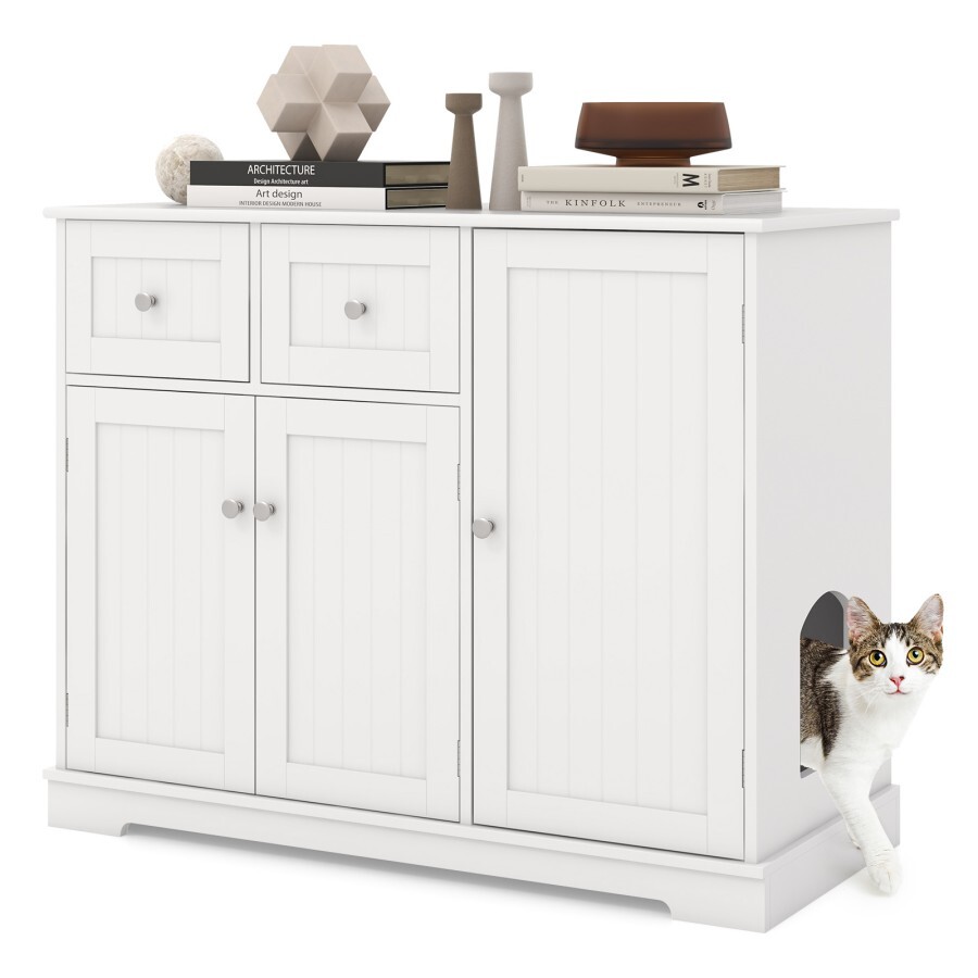 COSTWAY Mueble para Caja de Arena para Gatos, Gabinete Lateral para Lavado Oculto de Gatos de Madera con 2 Cajones, 3 Puertas, Dispositivos