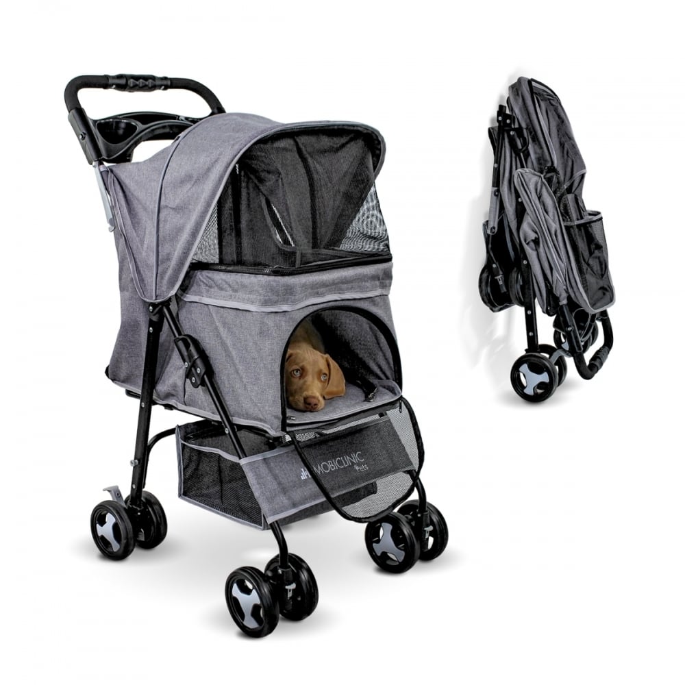 Carrito para perros Plegable Mobiclinic Ruedas con freno y 360º 3 accesos Con toldo Cesta almacenaje y portavasos Gris