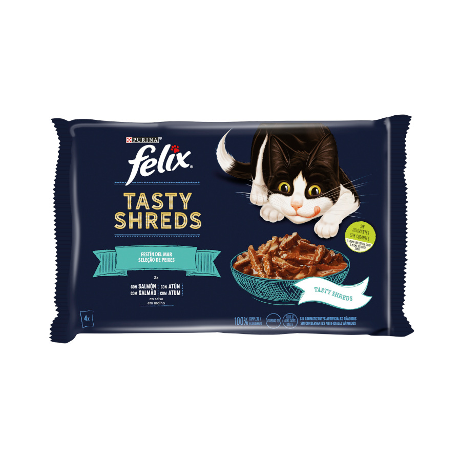 24 sobres x 80 g Felix Tasty Shreds Festín del Mar Filetes en Salsa sobre para gatos ¡Pack ahorro!
