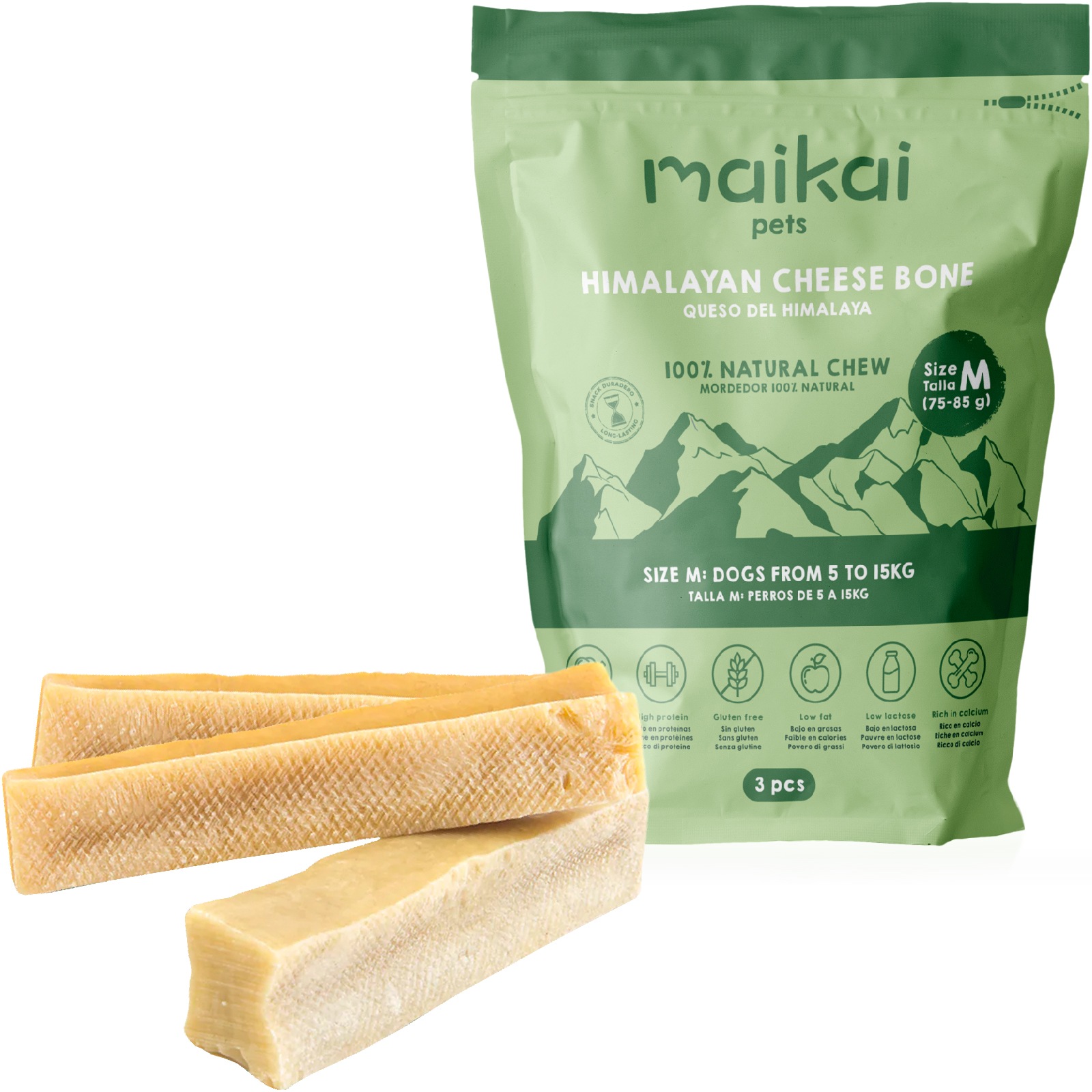 MAIKAI Hueso para Perros de Queso del Himalaya – Pack de 3 uds – Elimina Placa y Mal Aliento – Mordedor Natural – Churpi