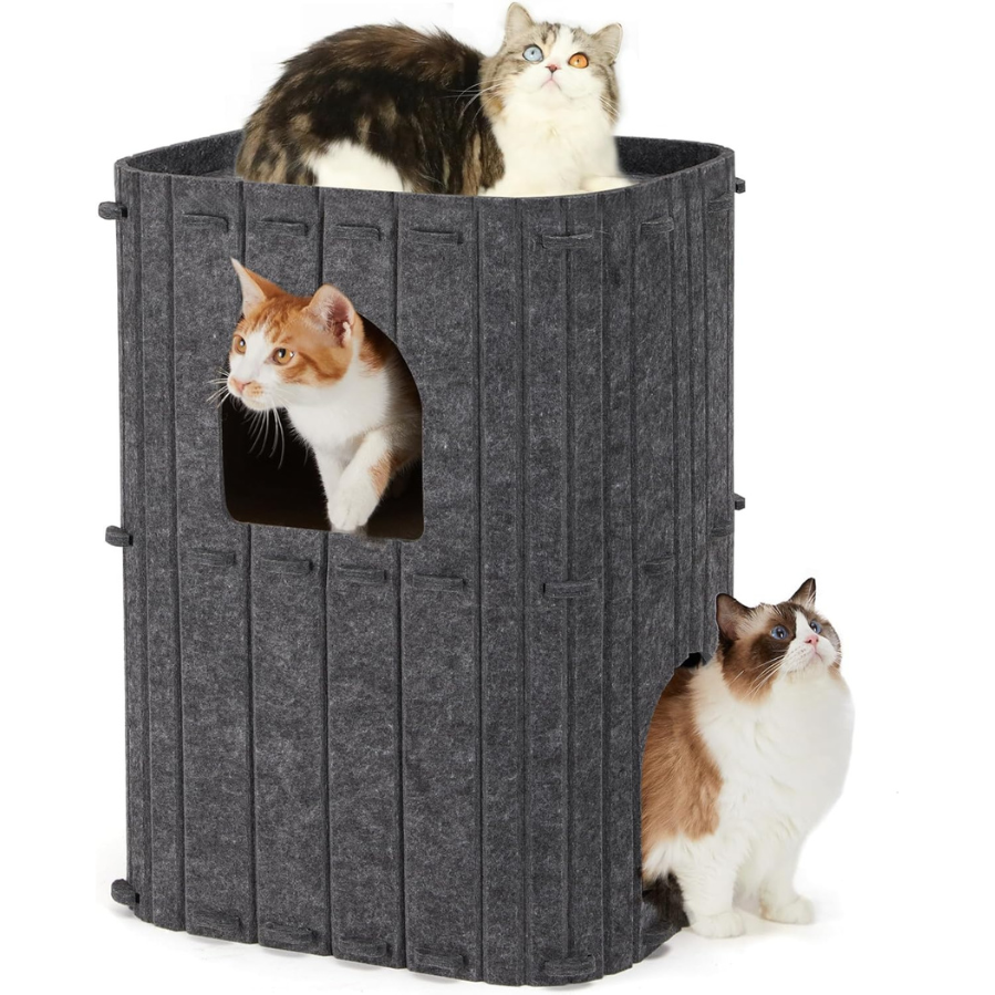 Fukumaru Cueva para Gatos de 2 Pisos Color Gris | Casa para Gatos Multinivel para Varios Gatos, Lana Natural, Diseño Moderno para Hogar, Estable,