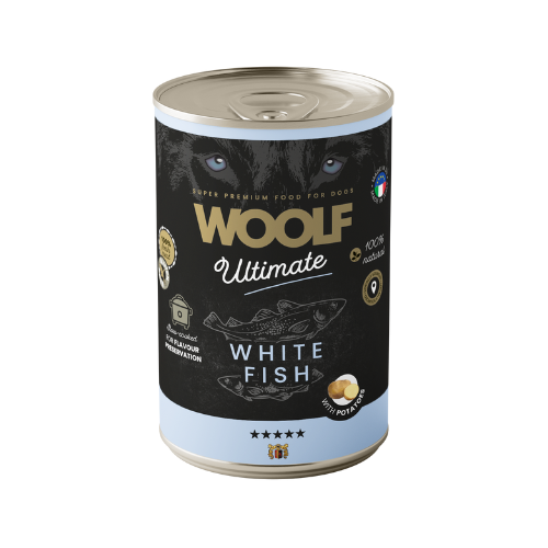 Bandeja 6 Latas Paté para Perro – Woolf Ultimate Húmedo Pescado Blanco 400gr