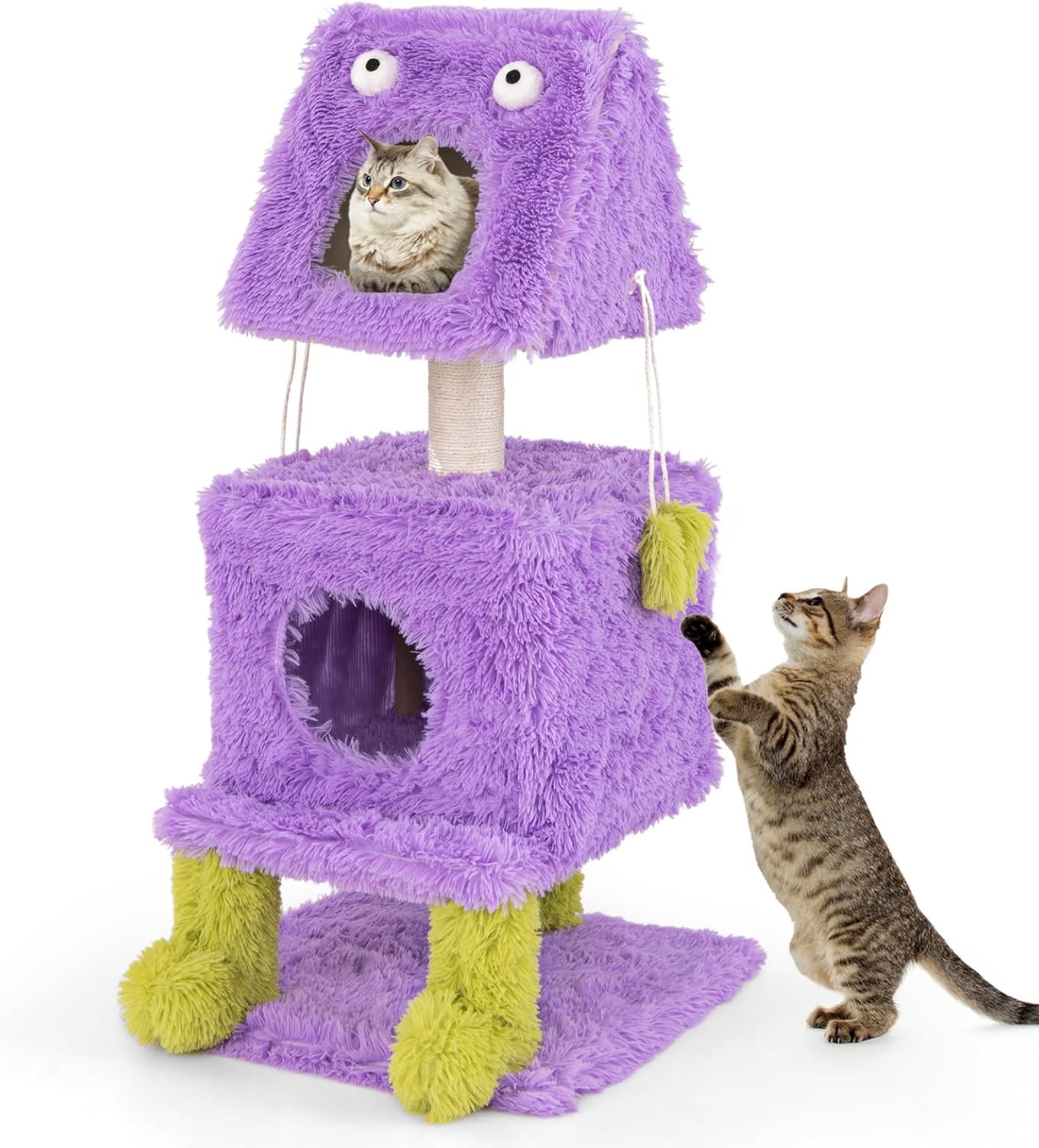 COSTWAY Árbol para Gatos, Torre para Gatos con Temática de Monstruos con Condominios, Felpa Larga y Suave, Poste Rascador De Sisal, Juguetes