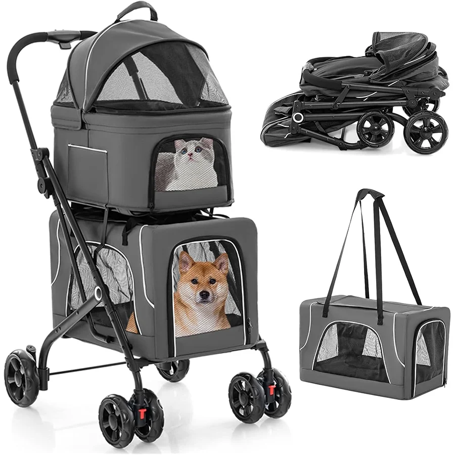 COSTWAY Cochecito para Perros Plegable, 3 en 1 Carrito para 2 Perros o Gatos, con 2 Transportines Desmontables, Cinturón de Seguridad, Cojines