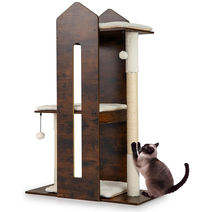 COSTWAY 120 cm Árbol Rascador para Gato de Madera, Torre Rascador para Gatos con Poste de Sisal, Pelotas Colgantes, Cojines de Peluche Lavables,