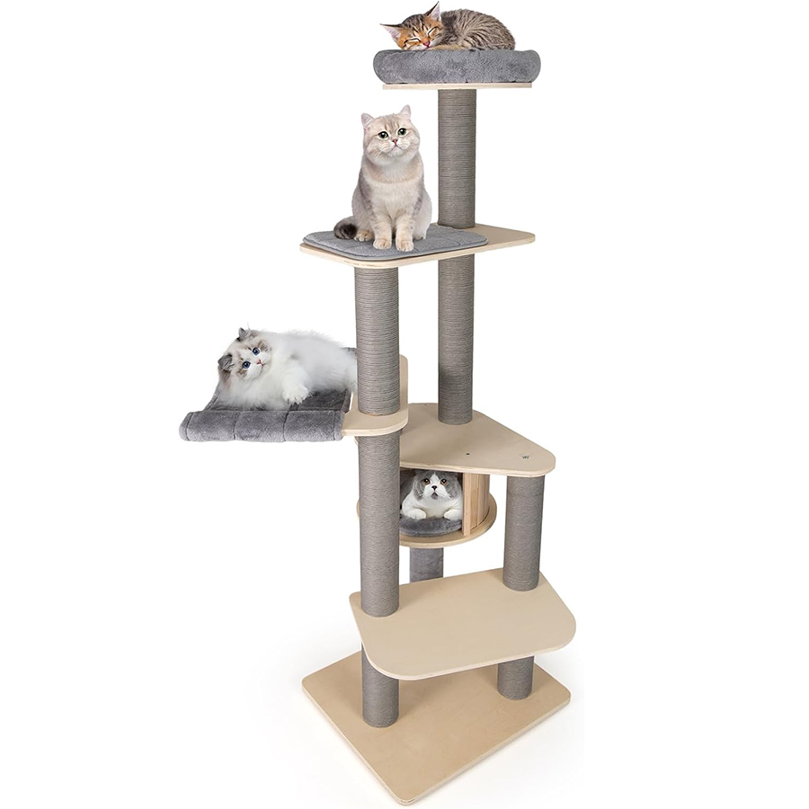 COSTWAY Árbol Rascador para Gatos de 197 cm, Torre para Gatos de Varios Niveles con Plataforma Grande, Perchero Acolchado Superior, Condo, Esteras