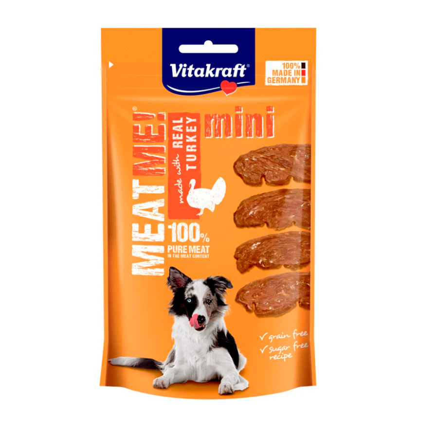 2 bolsitas x 60 g Vitakraft Bocaditos Meat Me Pavo Mini para perros ¡Pack Ahorro!