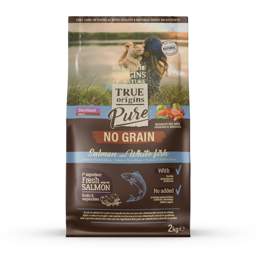 2 kg True Origins Pure Adult Sterilised Salmón No Grain pienso para gatos