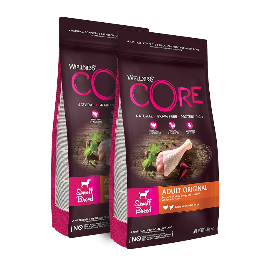 2 x 1.5 kg Wellness Core Adult Small Original Pavo y Pollo pienso para perros ¡Pack ahorro!