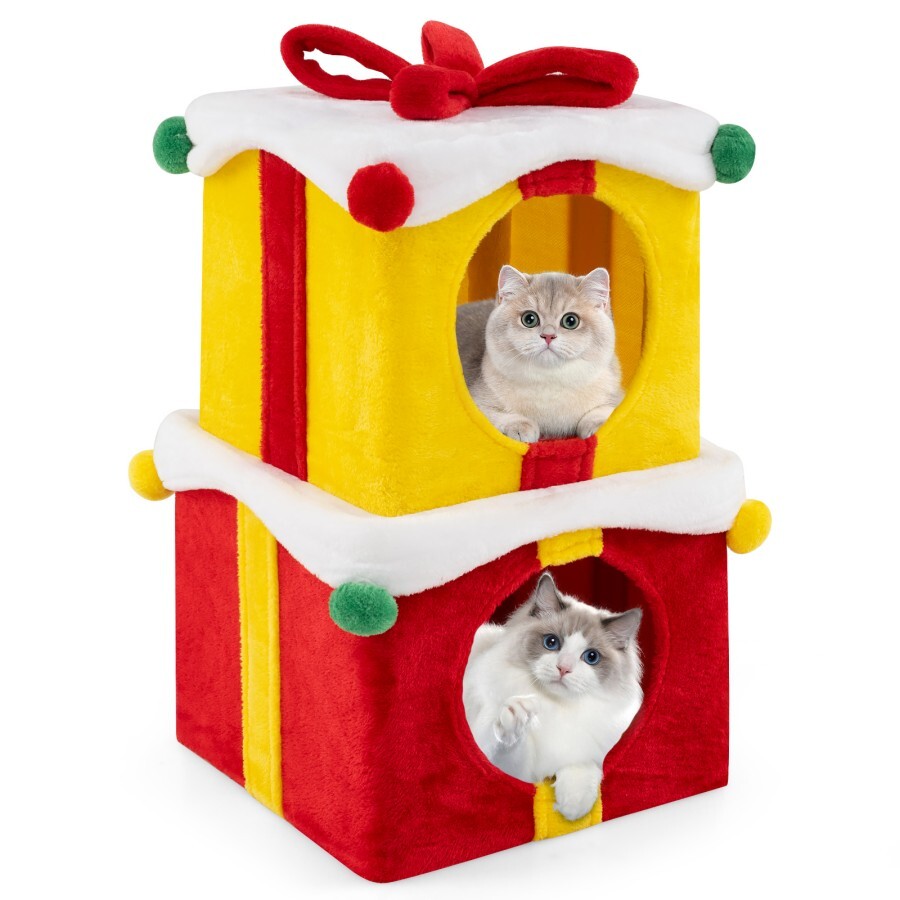 COSTWAY Casa de Gato Navideña de 2 Pisos, Condo en Forma de Caja de Regalo Apilable para Gatitos con Lazo, Mueble para Gatos de Interior con 2 Condos,
