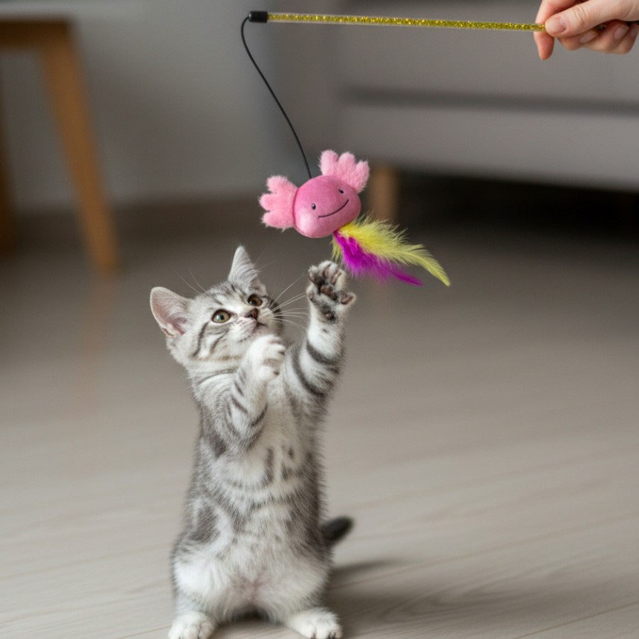 Tootoy! Caña Interactiva con Peluche de Ajolote y Plumas para gatitos