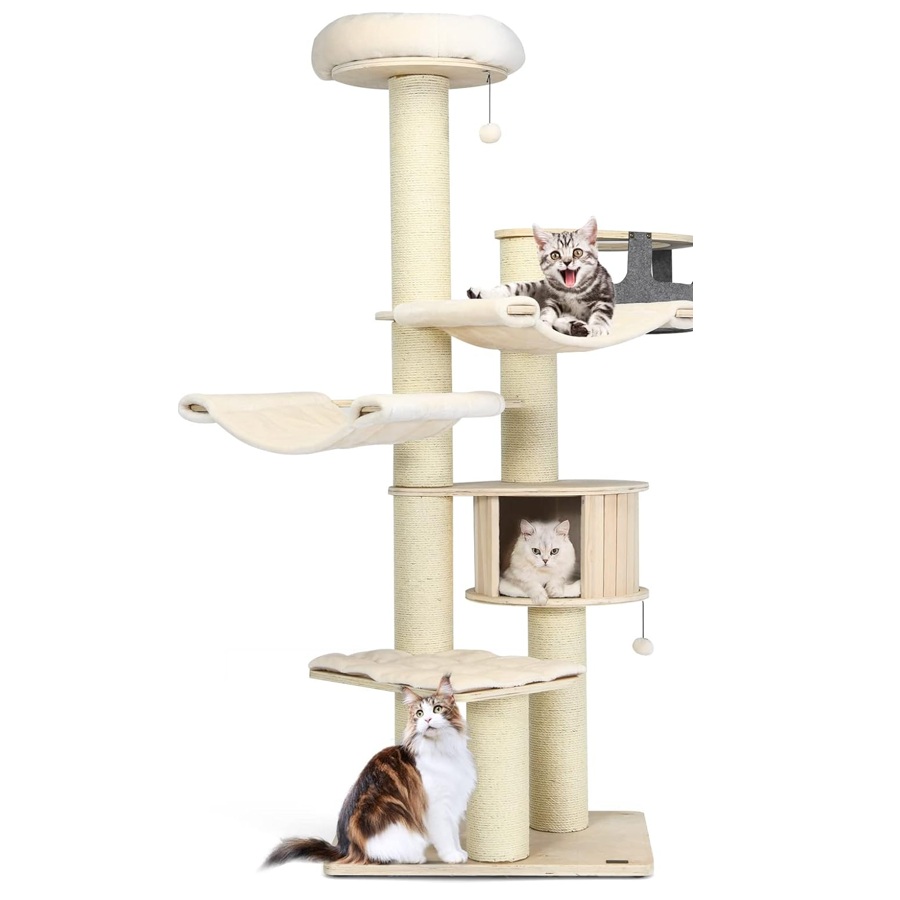 COSTWAY Árbol para Gatos de 197 CM, Torre de Gato con Múltiples Niveles, Casa Vertical para Gatos con Condominio de Madera, Hamacas, Cesta Colgante,