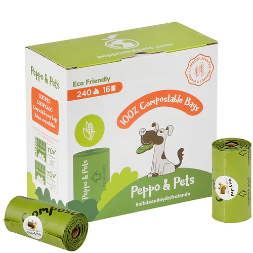 Peppo and Pets – 240 Bolsas compostables para recoger cacas de perro- Muy resistentes- Con aroma a lavanda-Hechas 100% con almidón de maíz