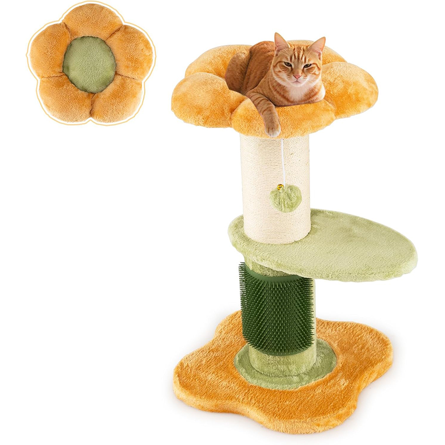 COSTWAY Árbol Rascador para Gatos 60cm, Diseño Flores, Torre Pequeña para Gatitos con Cama Acolchada de Tela Plush, Poste Rascador de Sisal, Bola