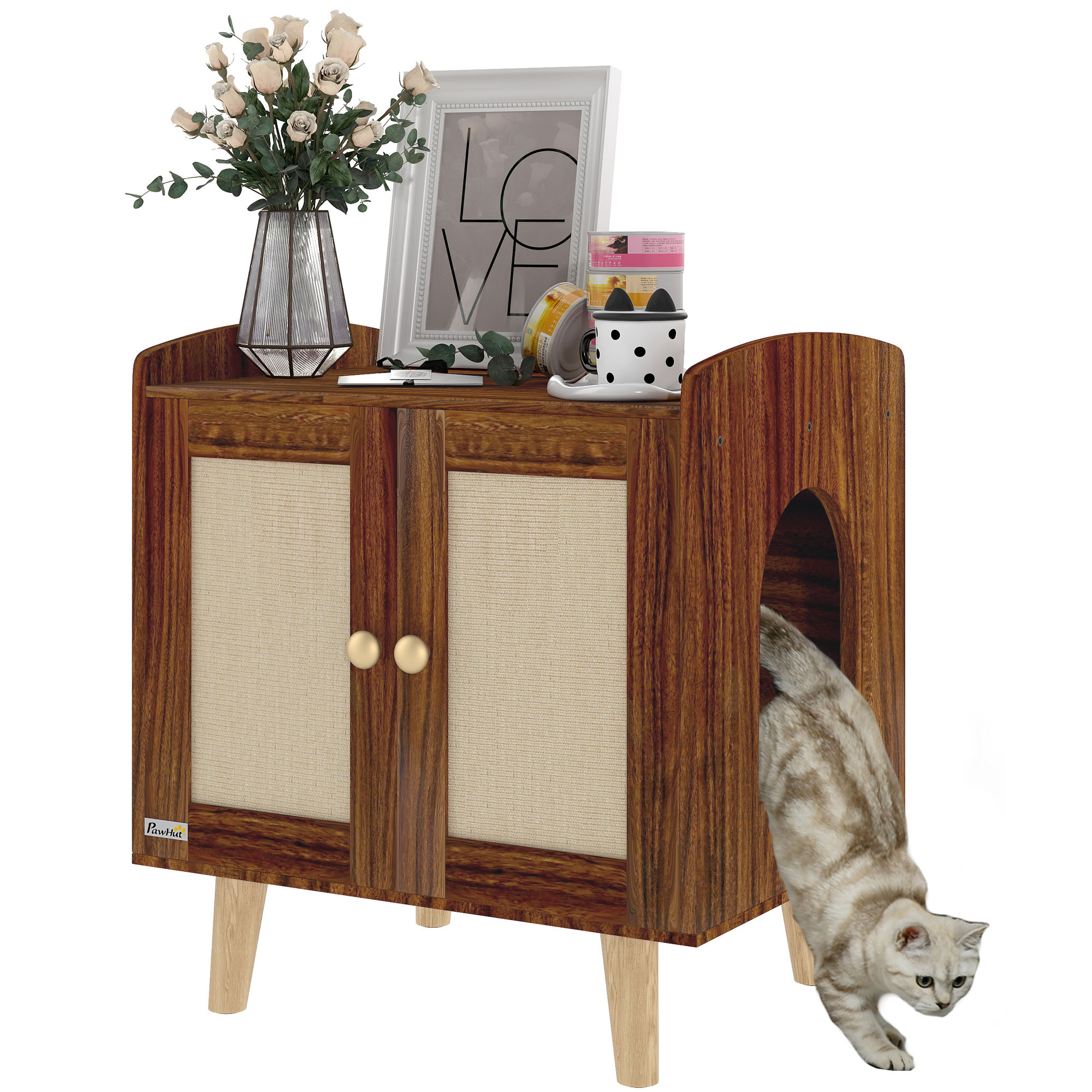 PawHut Mueble Arenero para Gatos Caja de Arena para Gatos Mesa Auxiliar con Puertas con Esteras de Sisal Patas de Madera para Salón Dormitorio
