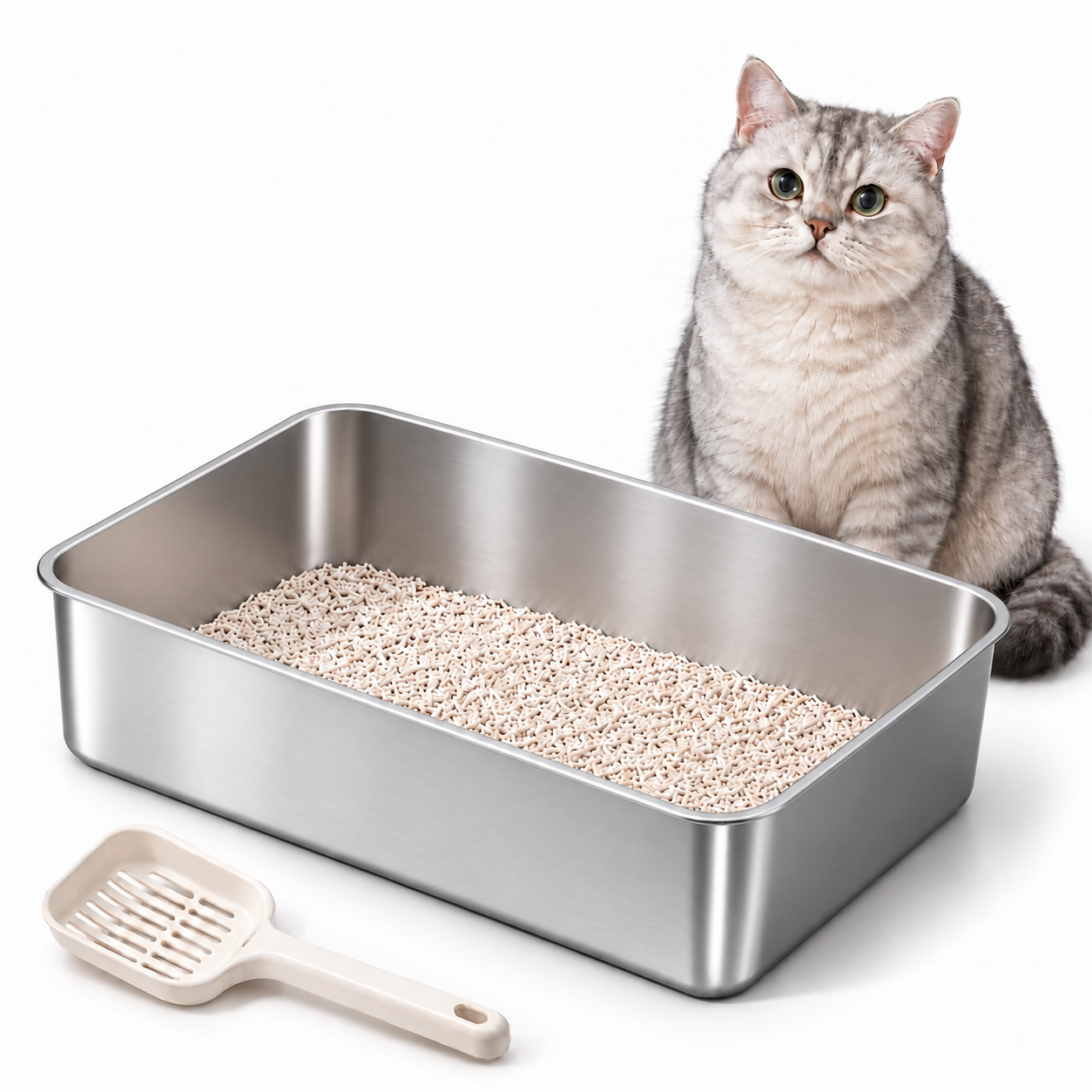 FreshPaw Arenero Grande de Acero Inoxidable para Gatos 60 × 40 × 15 cm, Versión Económica, Bandeja Higiénica Abierta para Gatos Grandes, con Pala