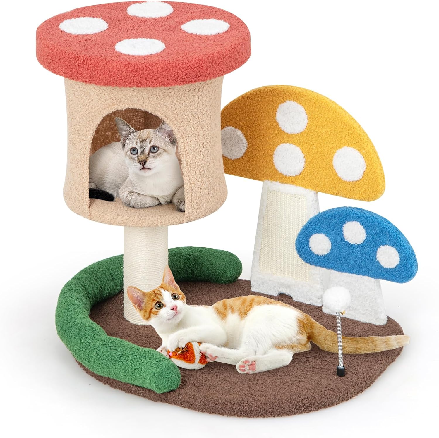 COSTWAY 4 en 1 Árbol para Gatos con Condominio y Plataforma, Torre en Forma de Hongo con Poste de Sisal, Tabla para Rascar y Bola de Resorte, Soporte