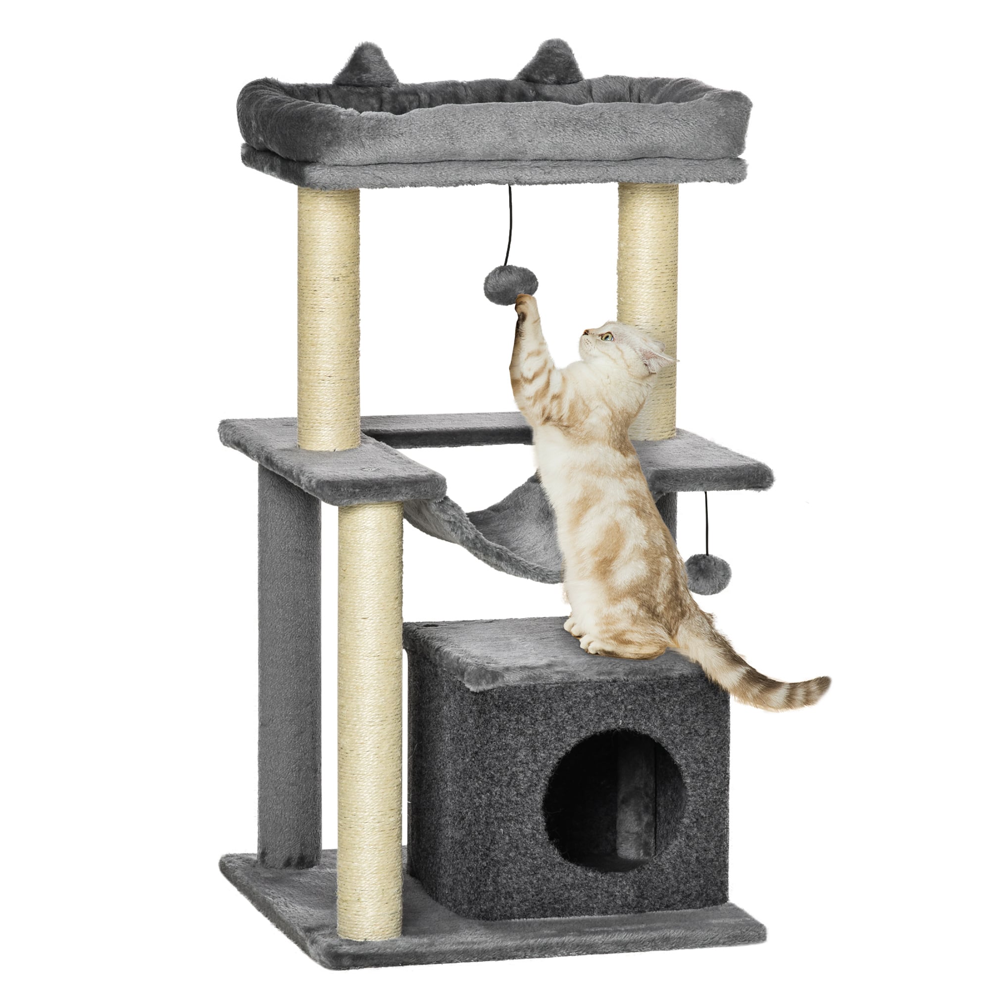 PawHut Árbol Rascador para Gatos Altura 90 cm Árbol para Gatos Torre para Gatos de 3 Niveles con Nido Hamaca Plataforma Bolas Colgantes y Poste de