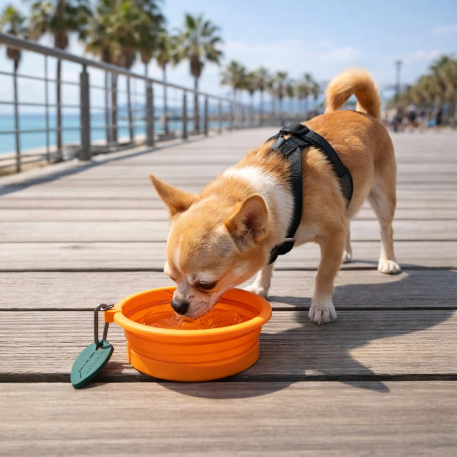 Summer Vibes Comedero Bebedero plegable naranja para perros