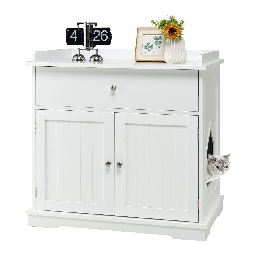 COSTWAY Mueble para Gatos, Cajón y 2 Puertas, Casa para Gatos 76 x 53 x 74 cm (Blanco)