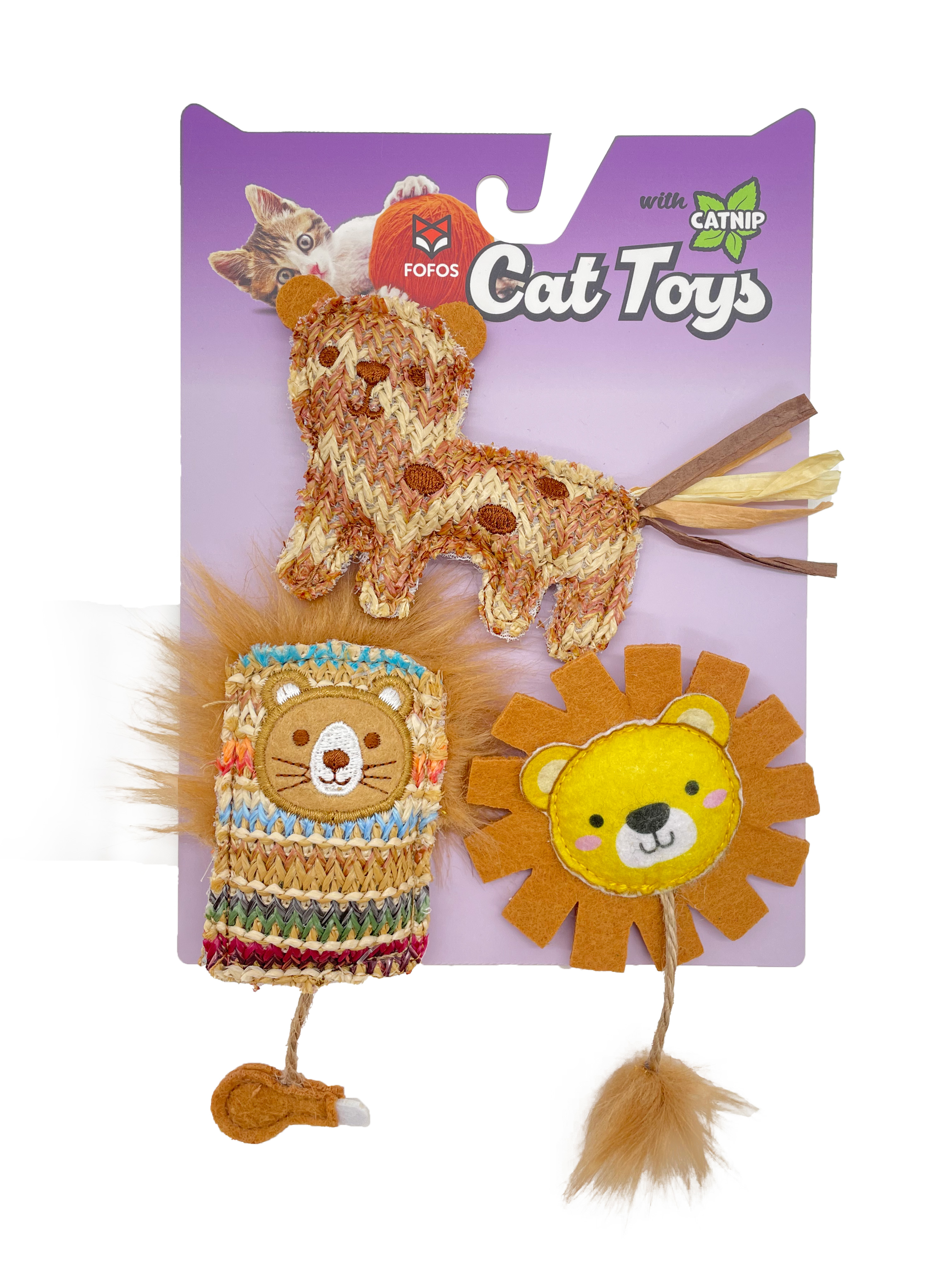 FOFOS | Set de Juguetes Naturales de 3 Piezas con Catnip (leopardo, León Circular y León Rectangular) – Para Gato