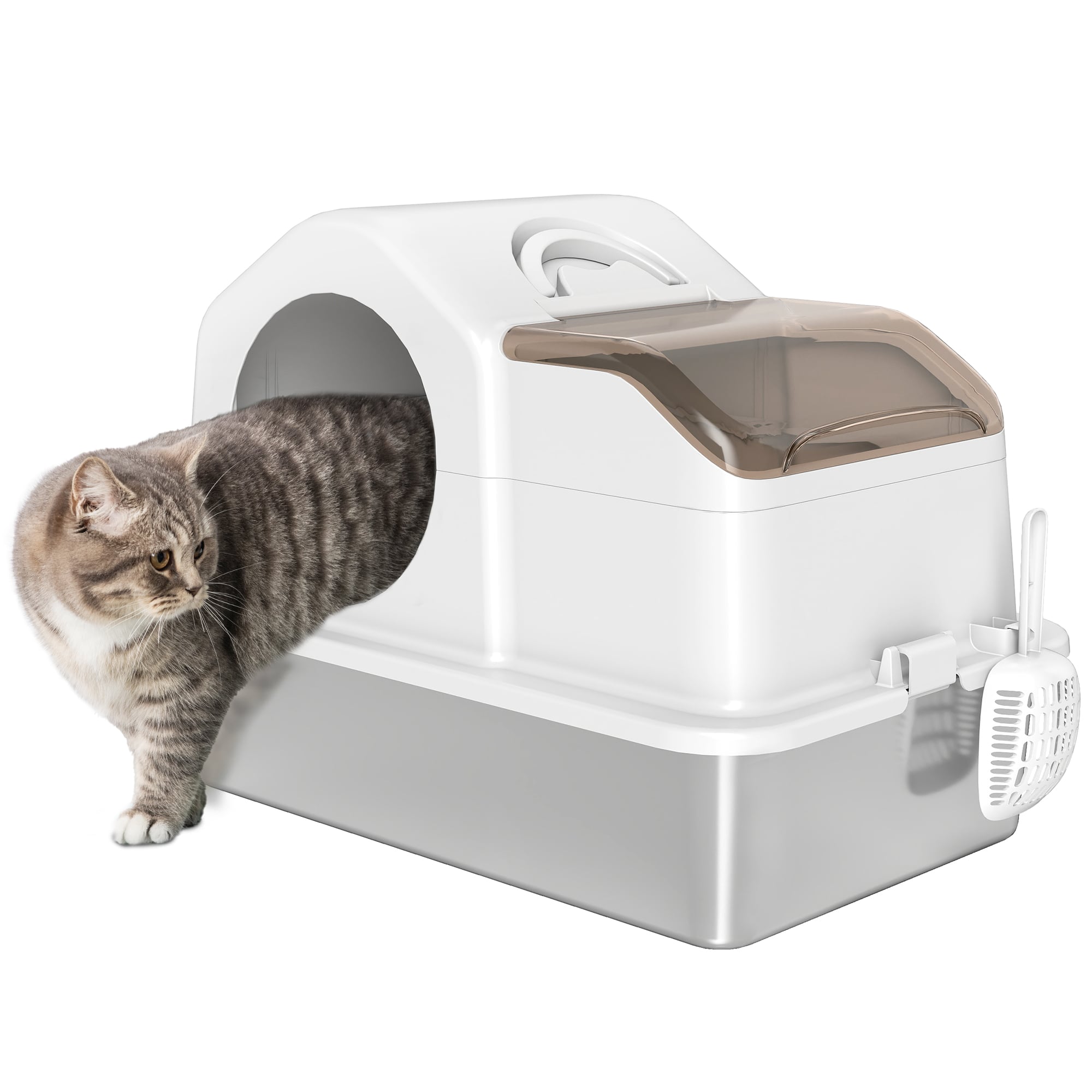 PawHut Arenero para Gatos Cubierto Extragrande Caja de Arena Cerrado con Bandeja de Acero Inoxidable Tapa Extraíble Bordes Altos Tapetes Pala sin Olor
