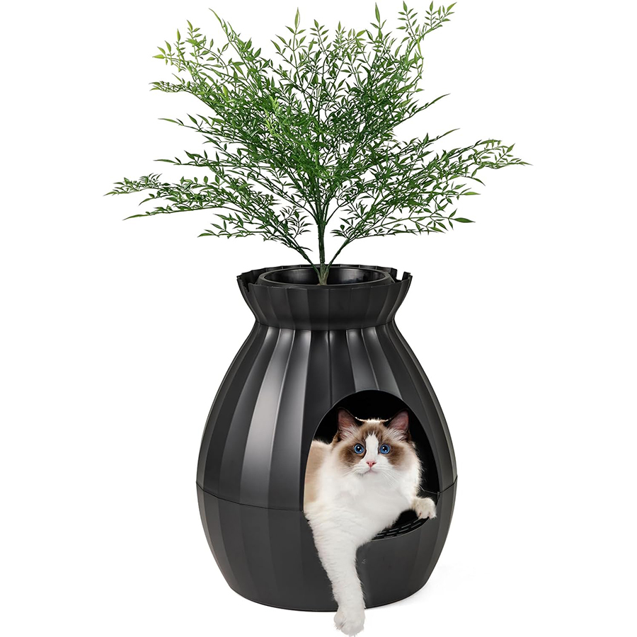 COSTWAY Caja de Arena Oculta, Incluye Planta Sintética Eliminación Electrónica de Olores y Esterilización, Caja De Arena para Plantas para Gatos