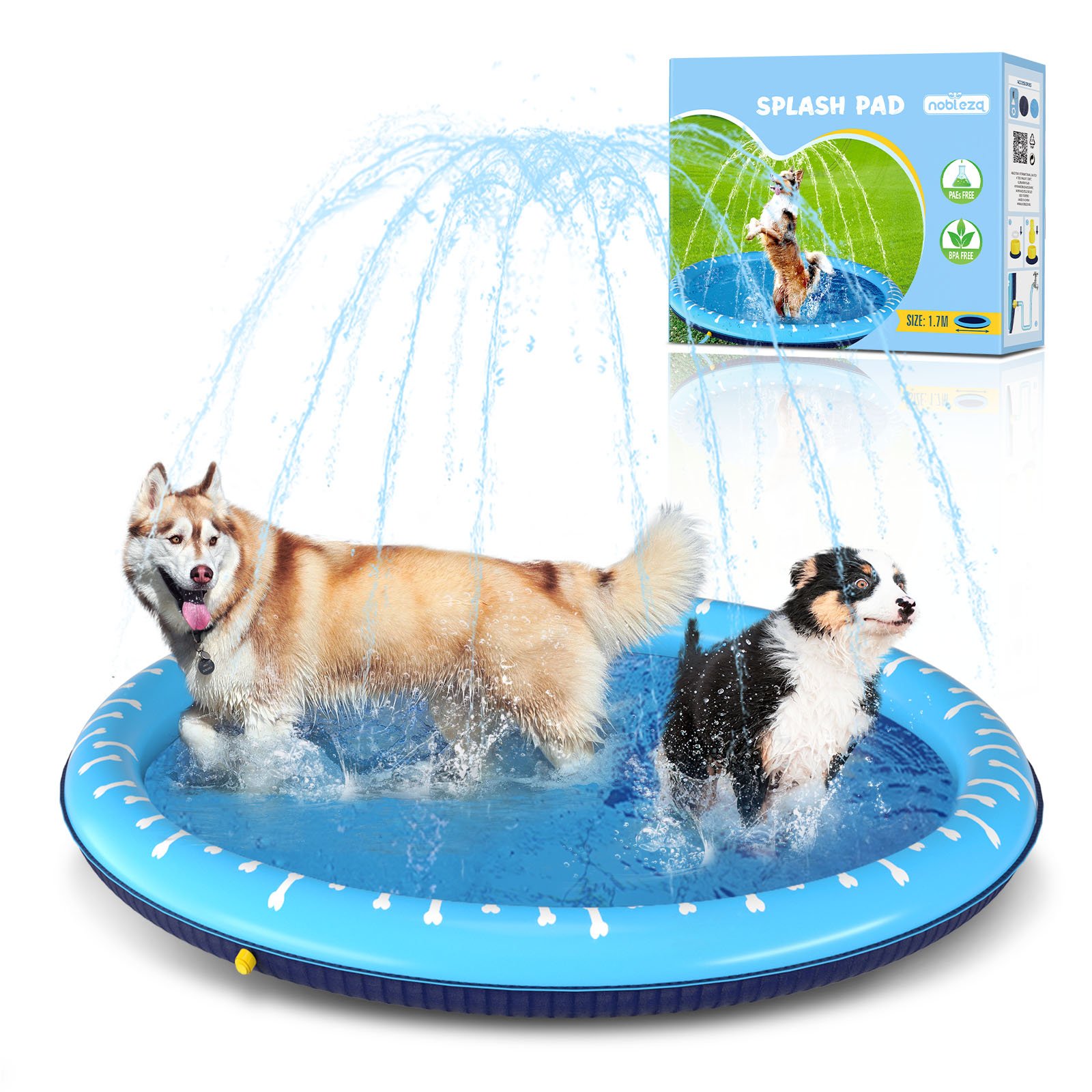 Nobleza Piscina para Perros Grandes, D170cm/66.9in Piscina Plegable para Perro, Splash Pad Perro, Espesar 0.55mm, Antideslizante Tapete de Juegos de
