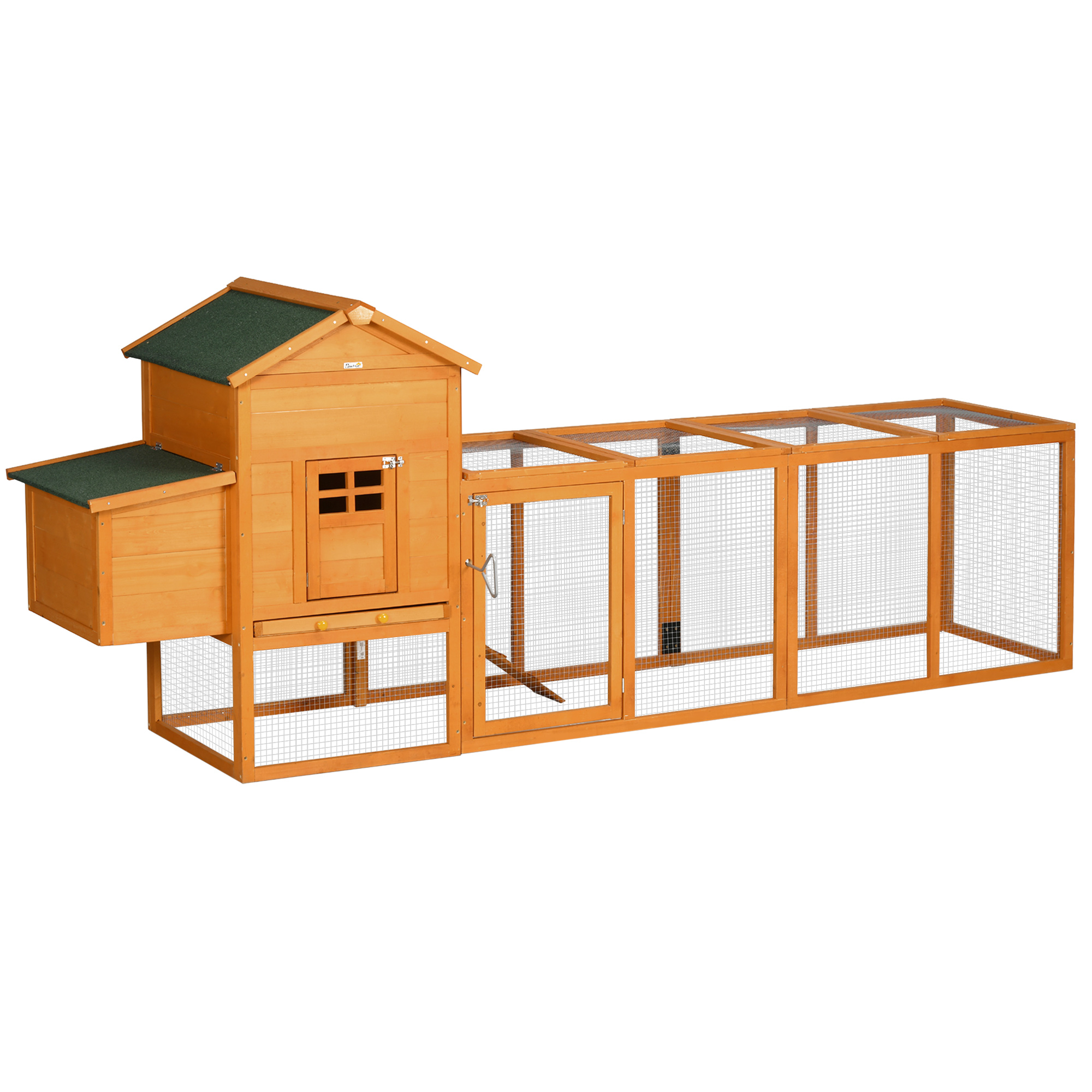 PawHut Gallinero de Madera 297,5x68x118 cm Jaula Grande para 3-6 Gallinas con Techo Asfáltico Corral de Metal Puerta de Pestillo Nido Bandeja