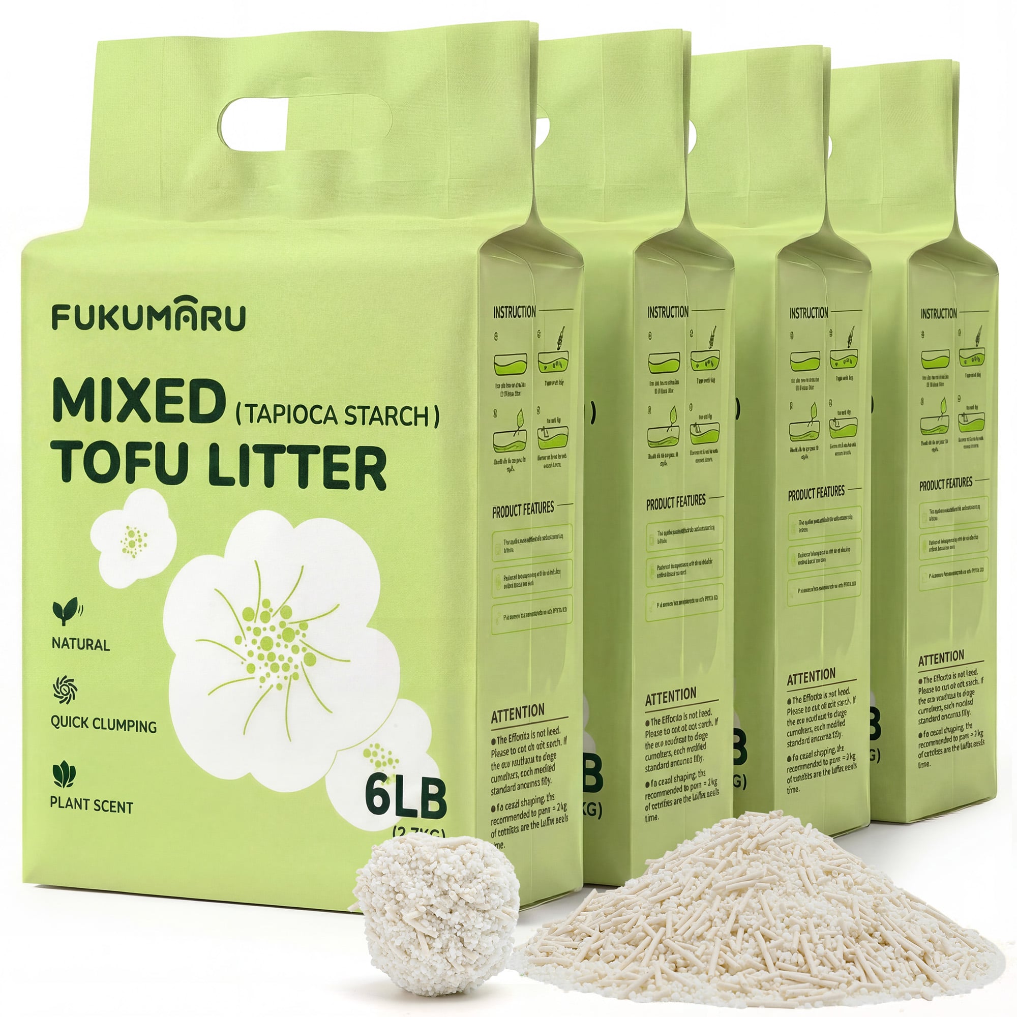 FUKUMARU Arena para Gatos Mixta de Yuca y Tofu – Aglomeración Rápida y Firme, Sin Polvo, Biodegradable, Aroma Natural a Gardenia, Gránulo de 2 mm