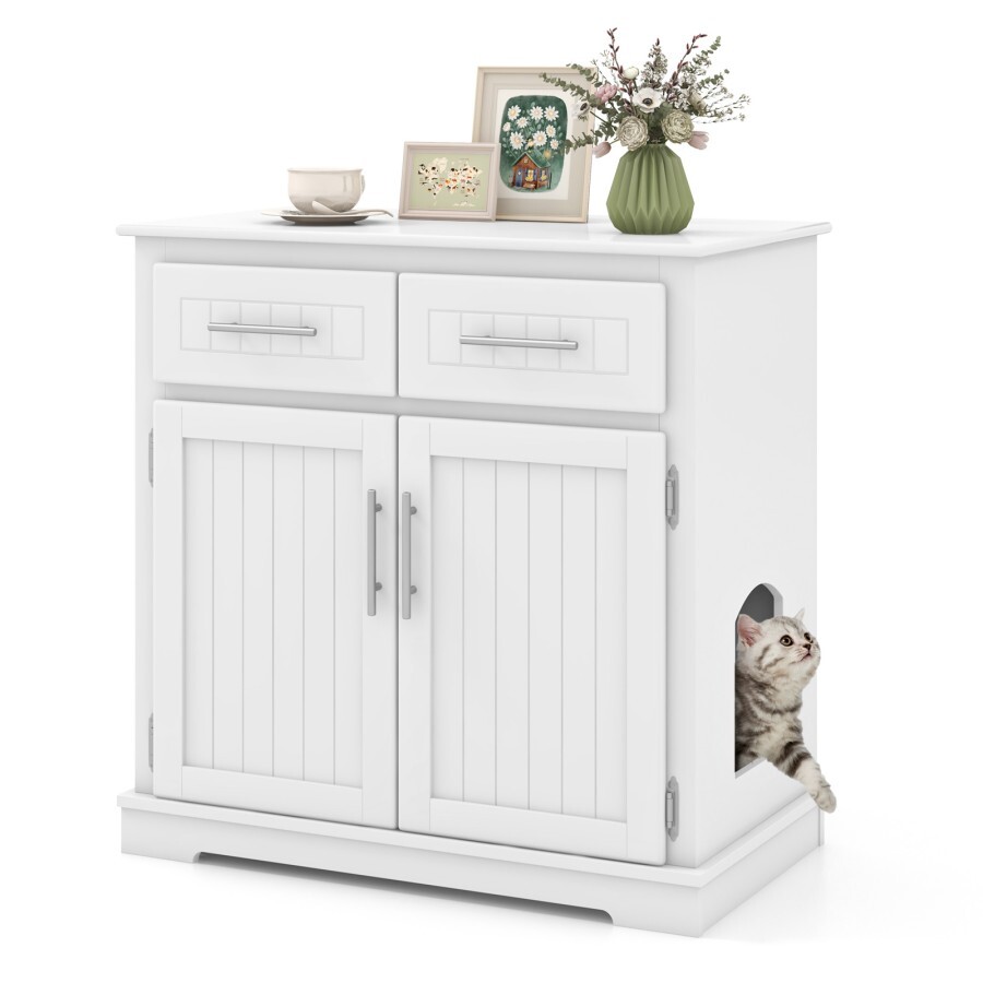 COSTWAY Caja de Arena para Gatos con Enclosure Oculto, Mueble de Madera para Mascotas con 2 Cajones, Puertas Dobles, Dispositivos Antivuelco, Mueble