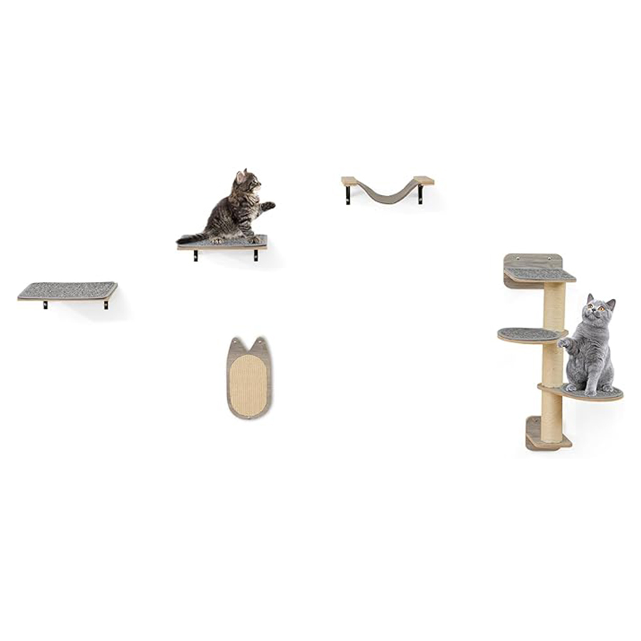 COSTWAY 5PCS Estante de Escalada para Gatos de Pared, Set de Pared de Escalada para Gatos con 4 Niveles, Hamaca, Tabla para Rascar y Almohadillas, 2
