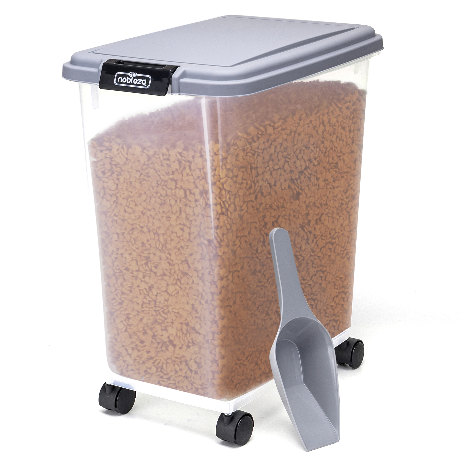 Nobleza – Contenedor de Comida para Mascotas 30L, Mascotas Caja de Alimentos con Ruedas Contenedor, Tapa abatible, hermética, Transparente, Ruedas y