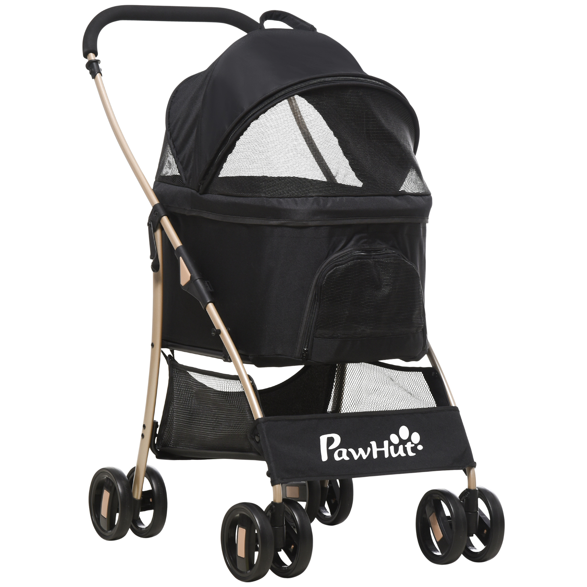 PawHut 3 en 1 Cochecito para Mascotas Carrito para Perros y Gatos Desmontable Bolsa de Transporte Plegable con Cesta de Almacenaje y Frenos Tela