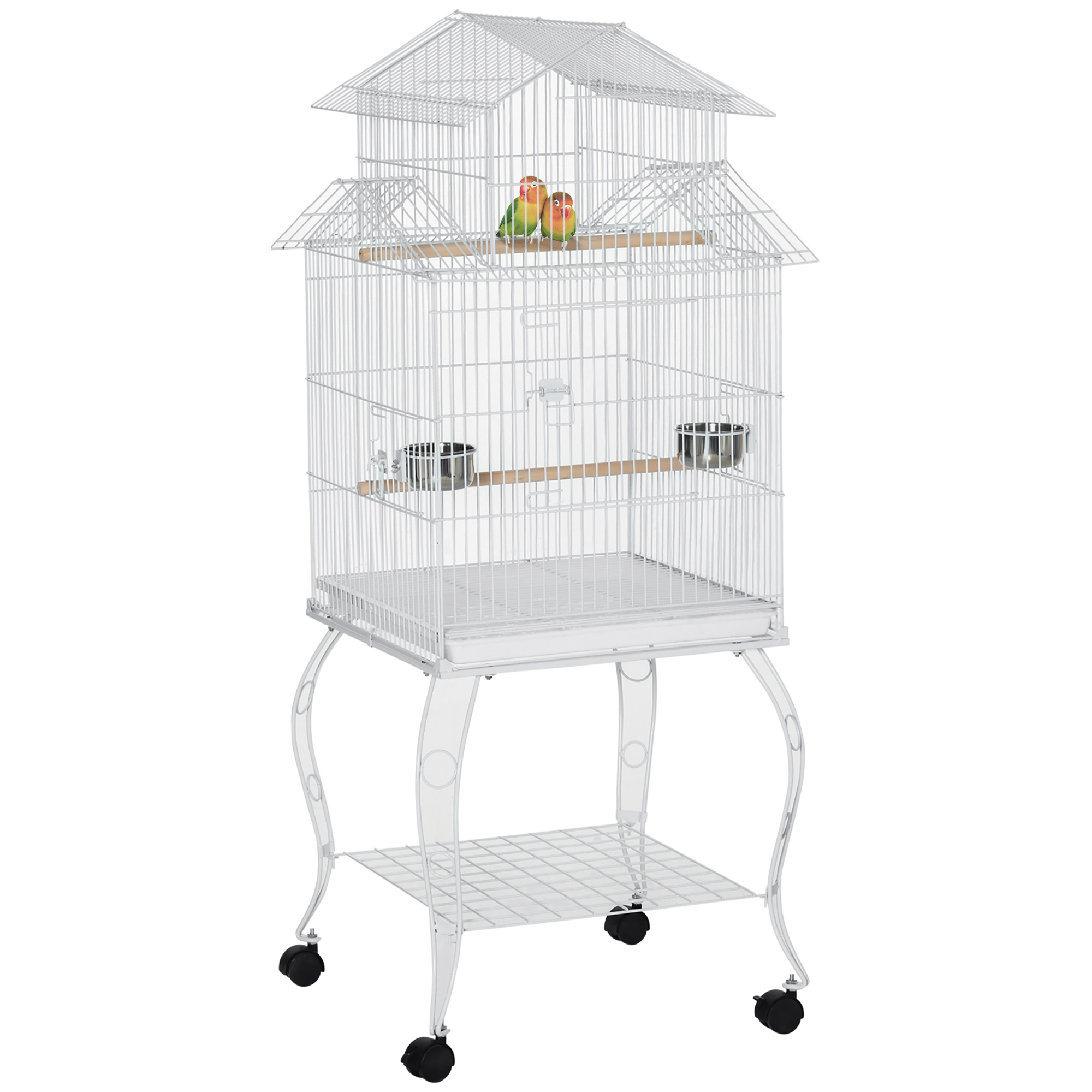 PawHut Jaula para Pájaros con Ruedas Jaula Grande con Soporte 50x49x137 cm con Bandeja Extraíble Puertas Comederos Perchas y Estante Inferior para