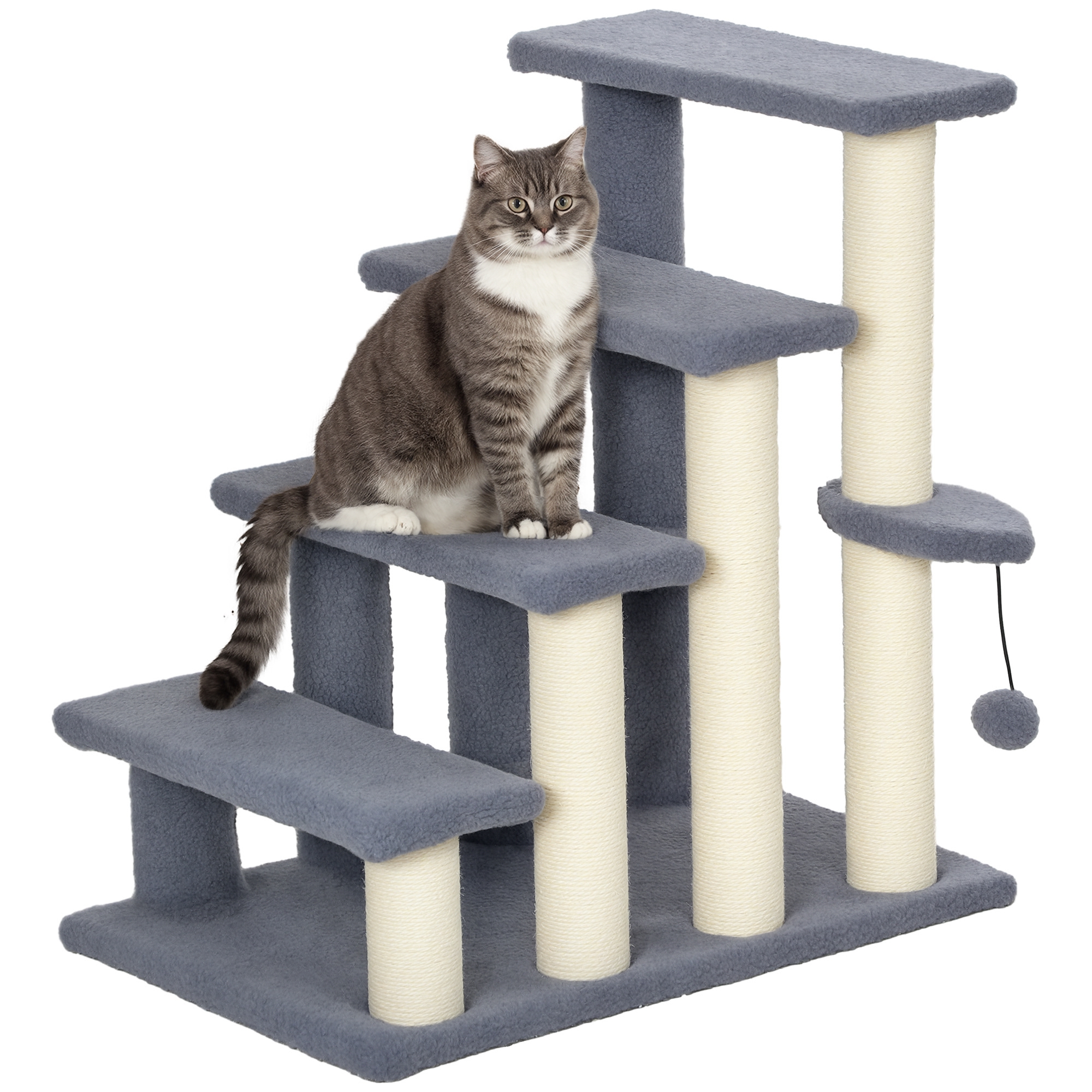 PawHut Escalera para Gatos de 4 Niveles Escalera para Mascotas Cubierto de Suave Felpa Poste de Sisal Bola Colgante Árbol Rascador para Gatos 60x40x64