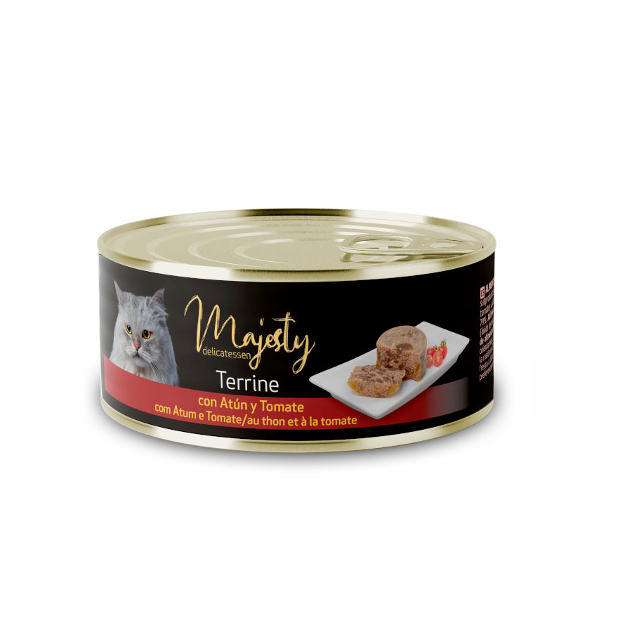 85 g Majesty Adult Terrine Atún y Tomate lata para gatos