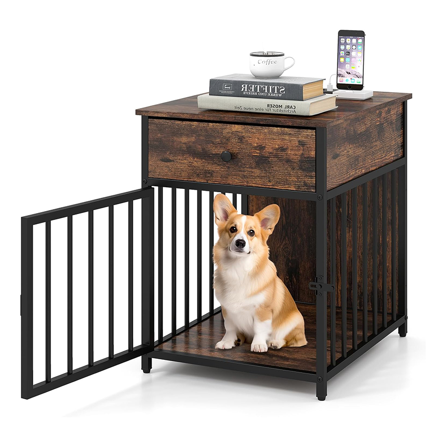 COSTWAY Jaulas para Perros con Estación de Carga, 2 en 1 Mesa Auxiliar y Caja de Perros de Madera con Cajón de Almacenamiento, Moderna Jaula para