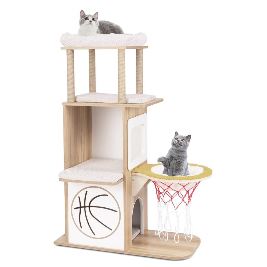 COSTWAY Árbol para Gatos de Madera, Torre de Gato Temática Deportiva de 120 CM con Condominio de 2 Pisos, 2 Perchas, Hamaca con Aro de Baloncesto,