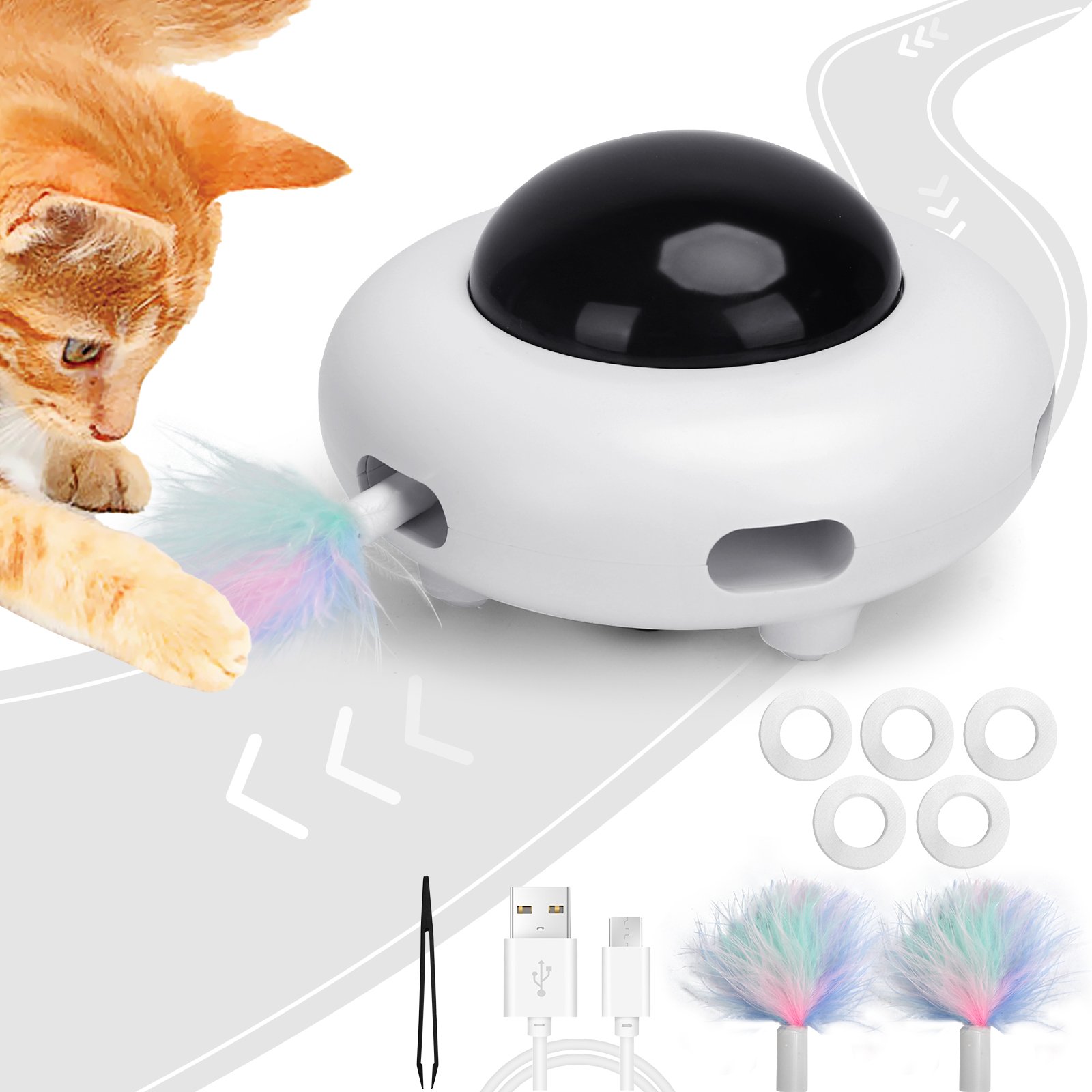 Nobleza - Juguete de Pluma Eléctrico Interactivo para Gatos, Juguete para Gato Recargable por USB, Autoempleo con Accesorios de Pluma y Función de