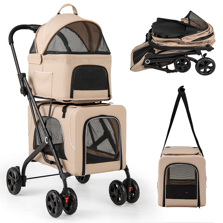 COSTWAY Cochecito para Perros Plegable, 3 en 1 Carrito para 2 Perros o Gatos, con 2 Transportines Desmontables, Cinturón de Seguridad, Cojines