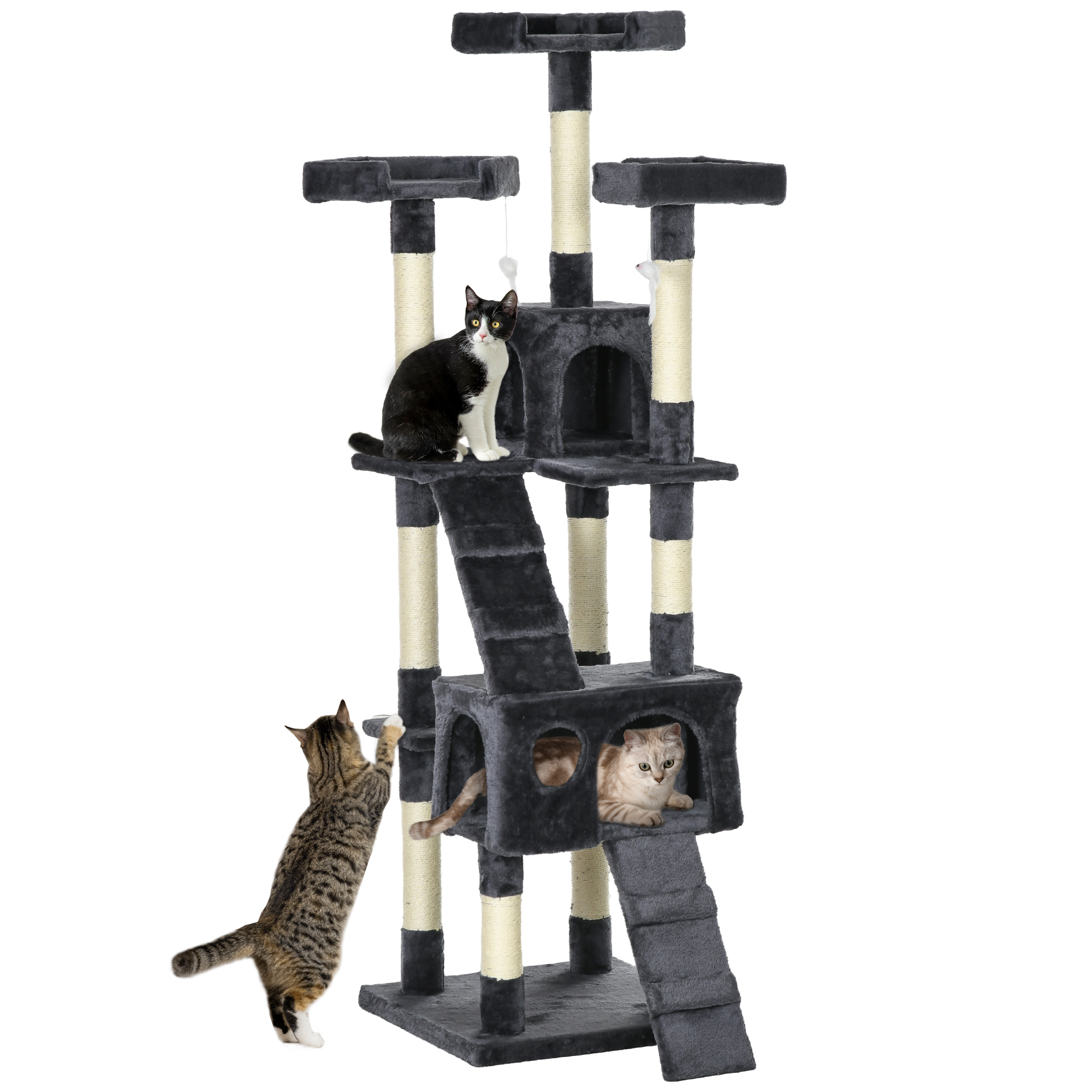 PawHut Árbol Rascador para Gatos Grande Altura 173 cm Árbol para Gatos Torre para Gatos con Nidos Escaleras Juguetes Colgantes y Postes de Sisal